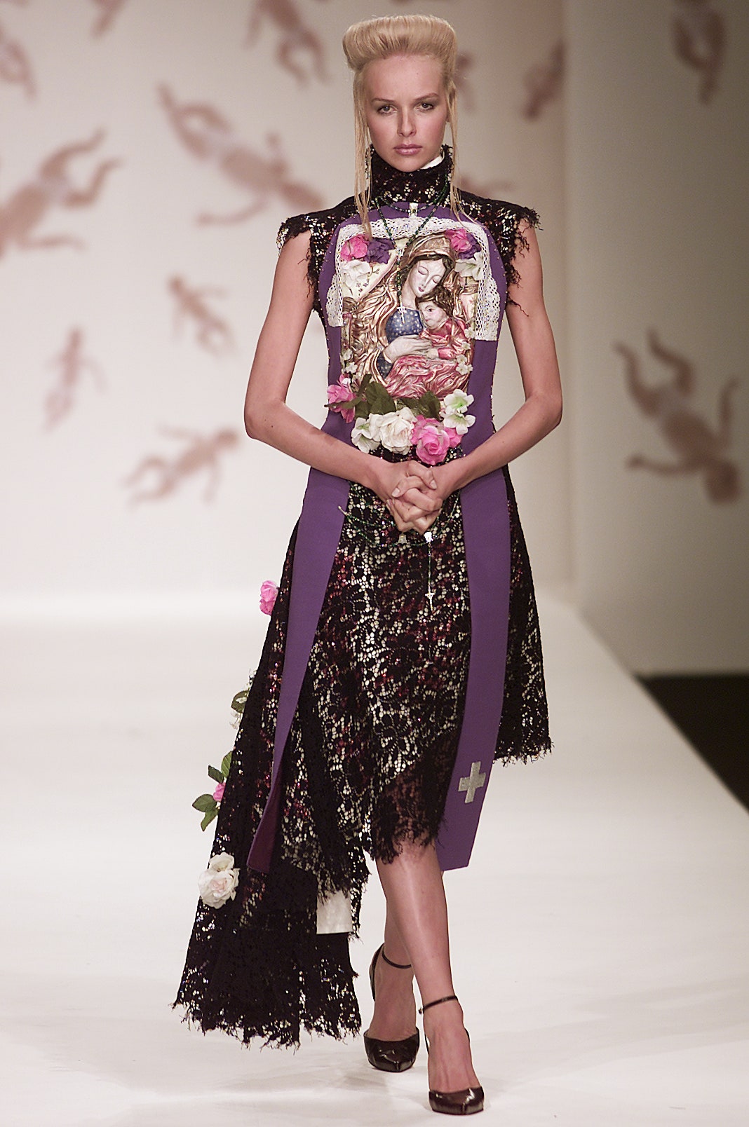 black and purple draped midi dress