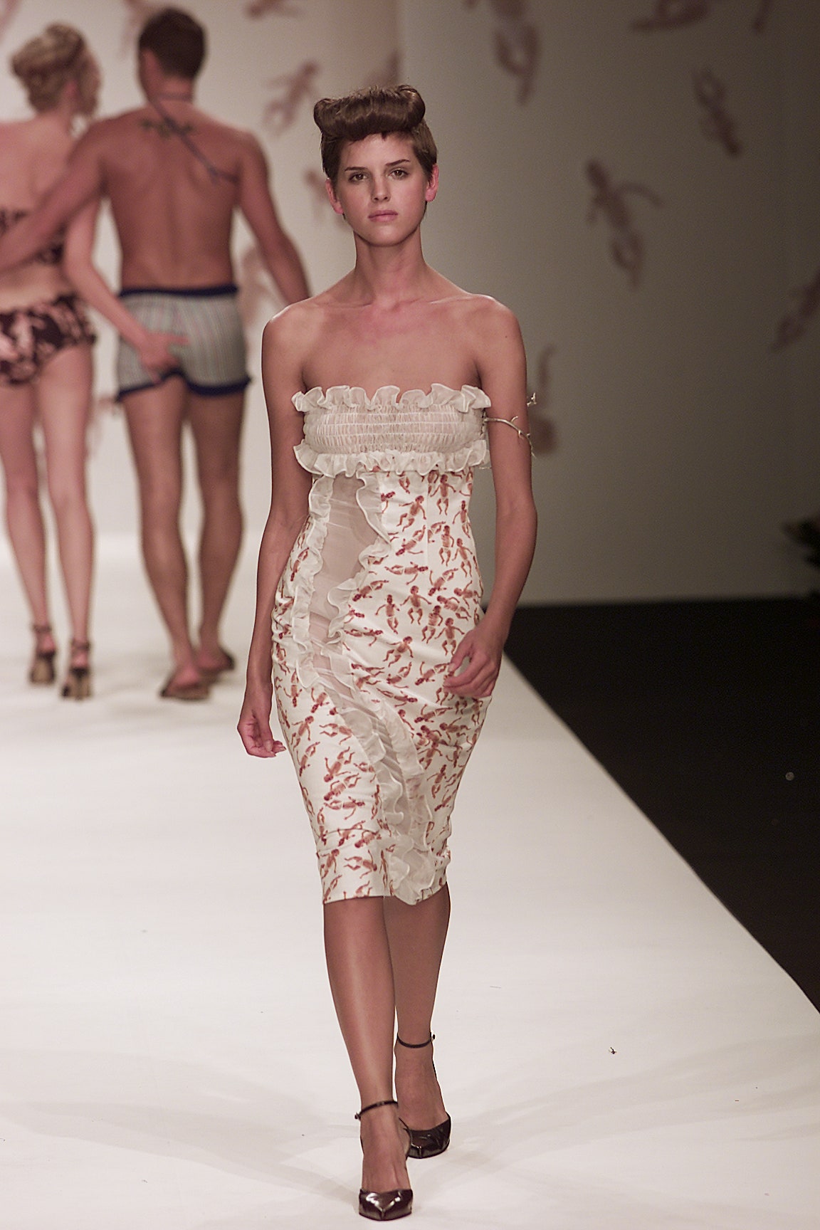 white pink strapless midi dress