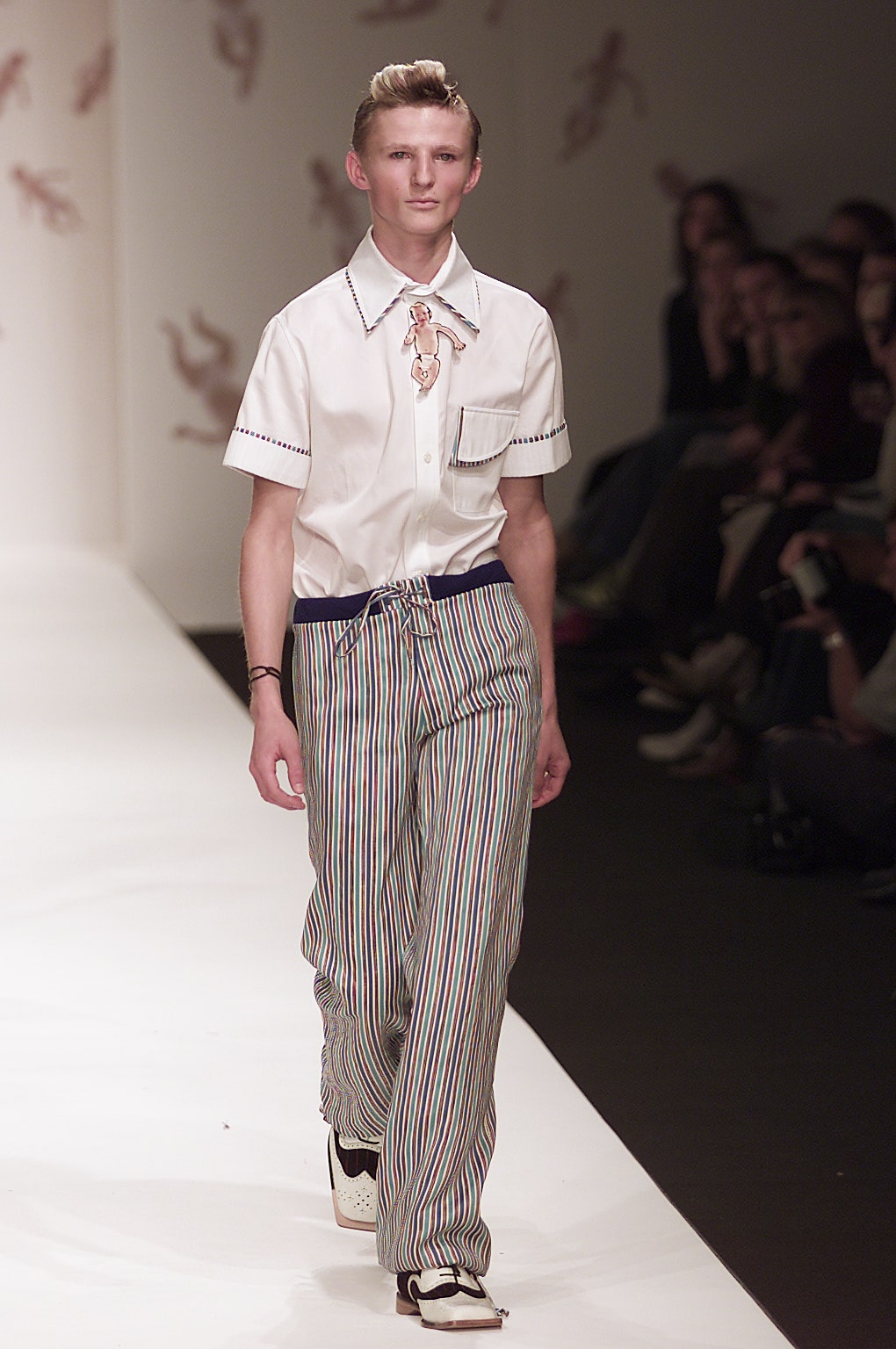 white fitted shirt with striped pants