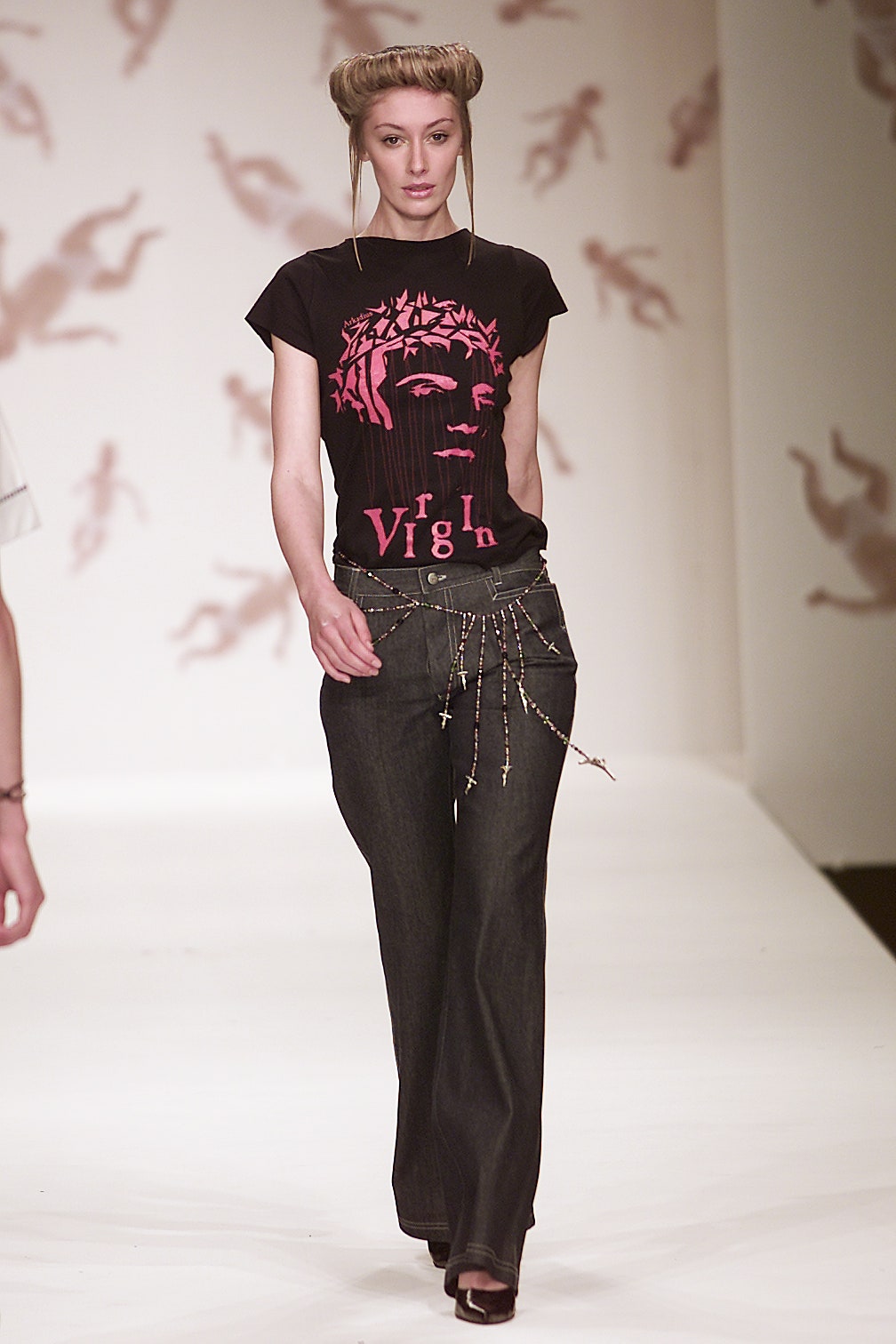 black printed t-shirt with denim pants