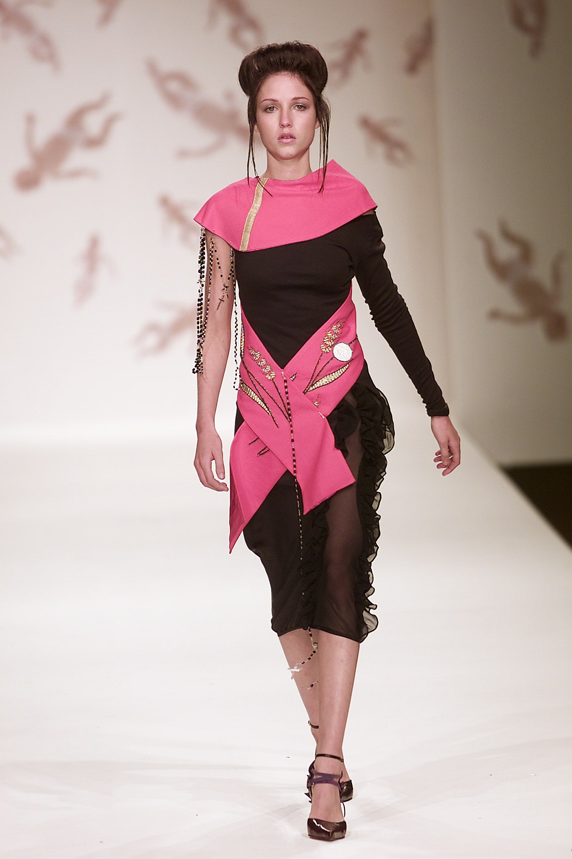 pink and black asymmetric dress