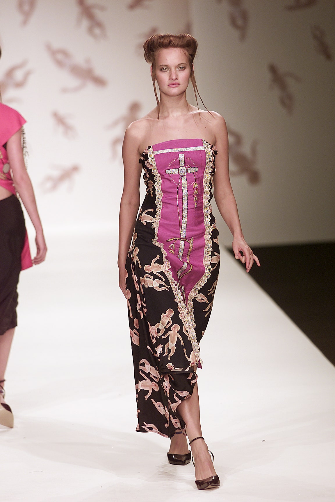 black and pink embroidered midi dress