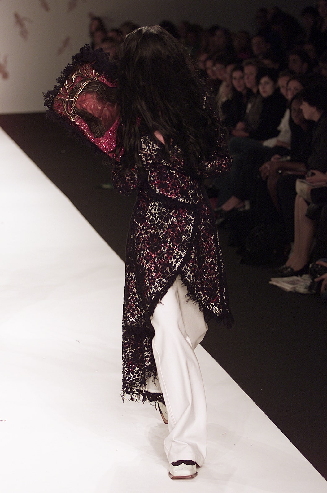 black lace midi dress with white pants