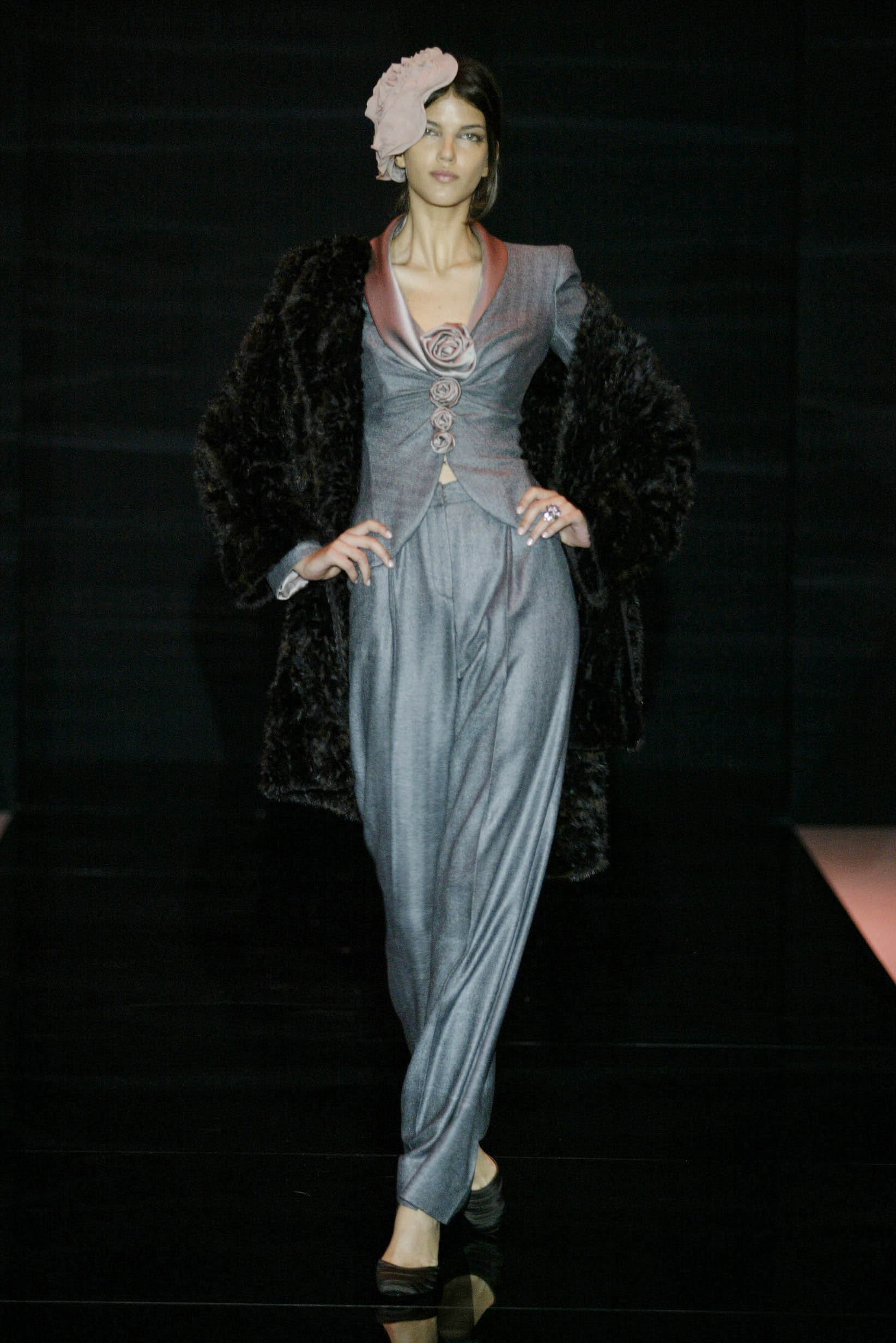 black fur coat gray silk suit