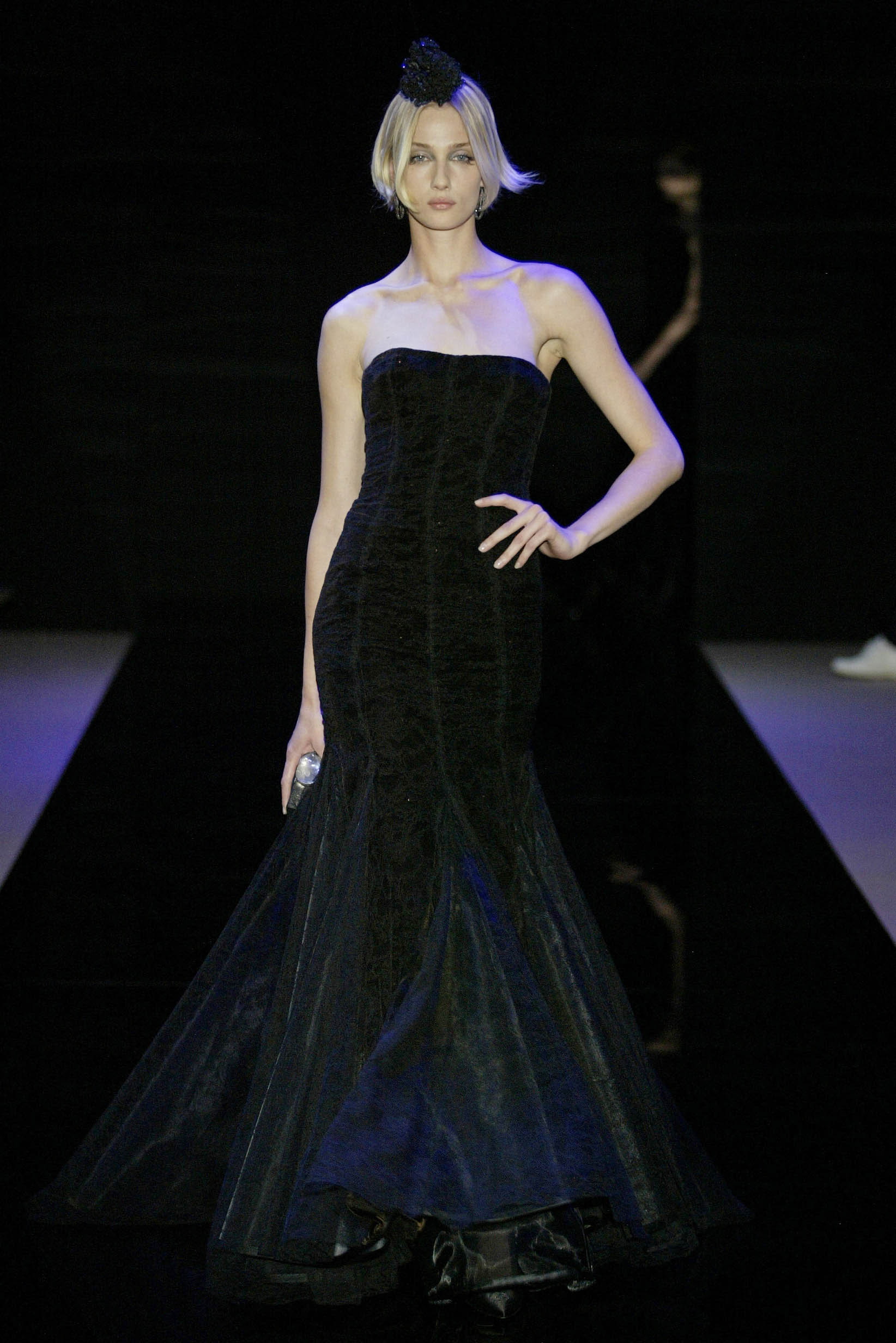 black strapless flared gown