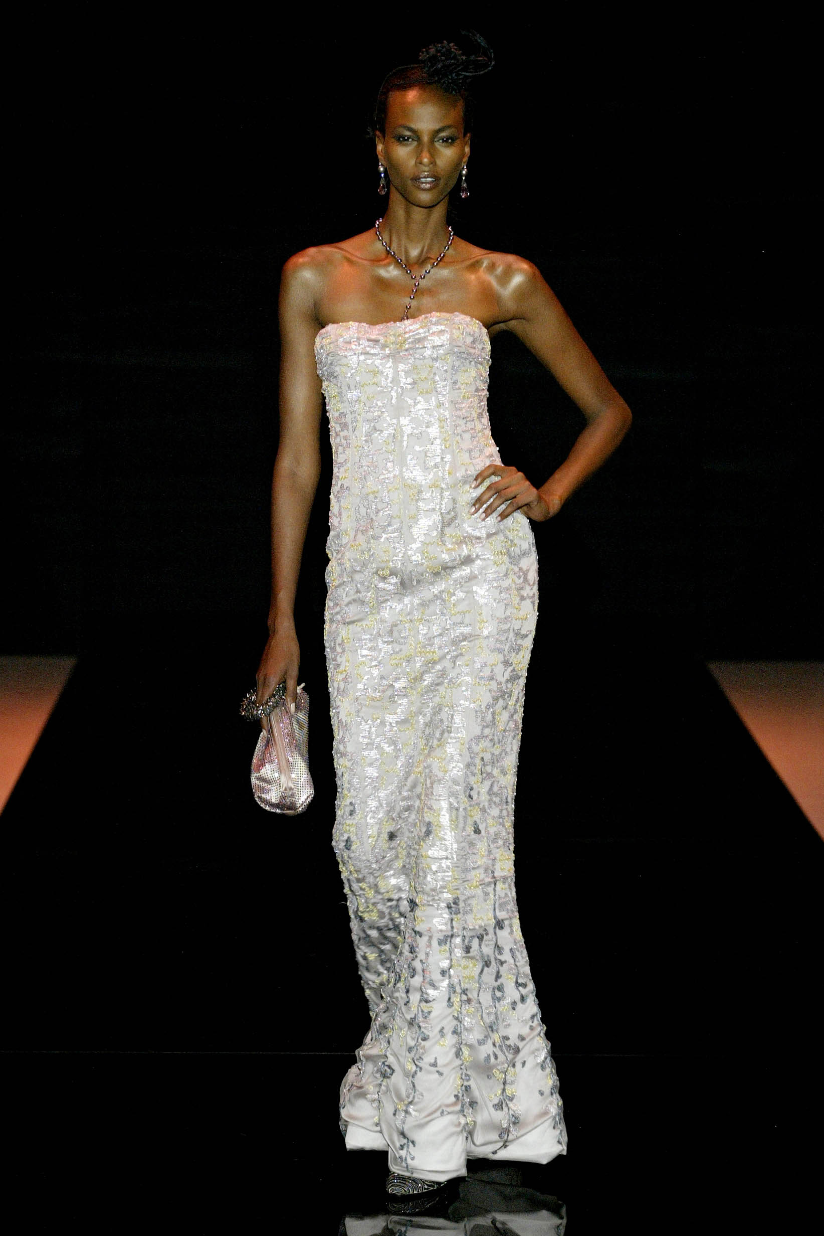 white sequined strapless gown
