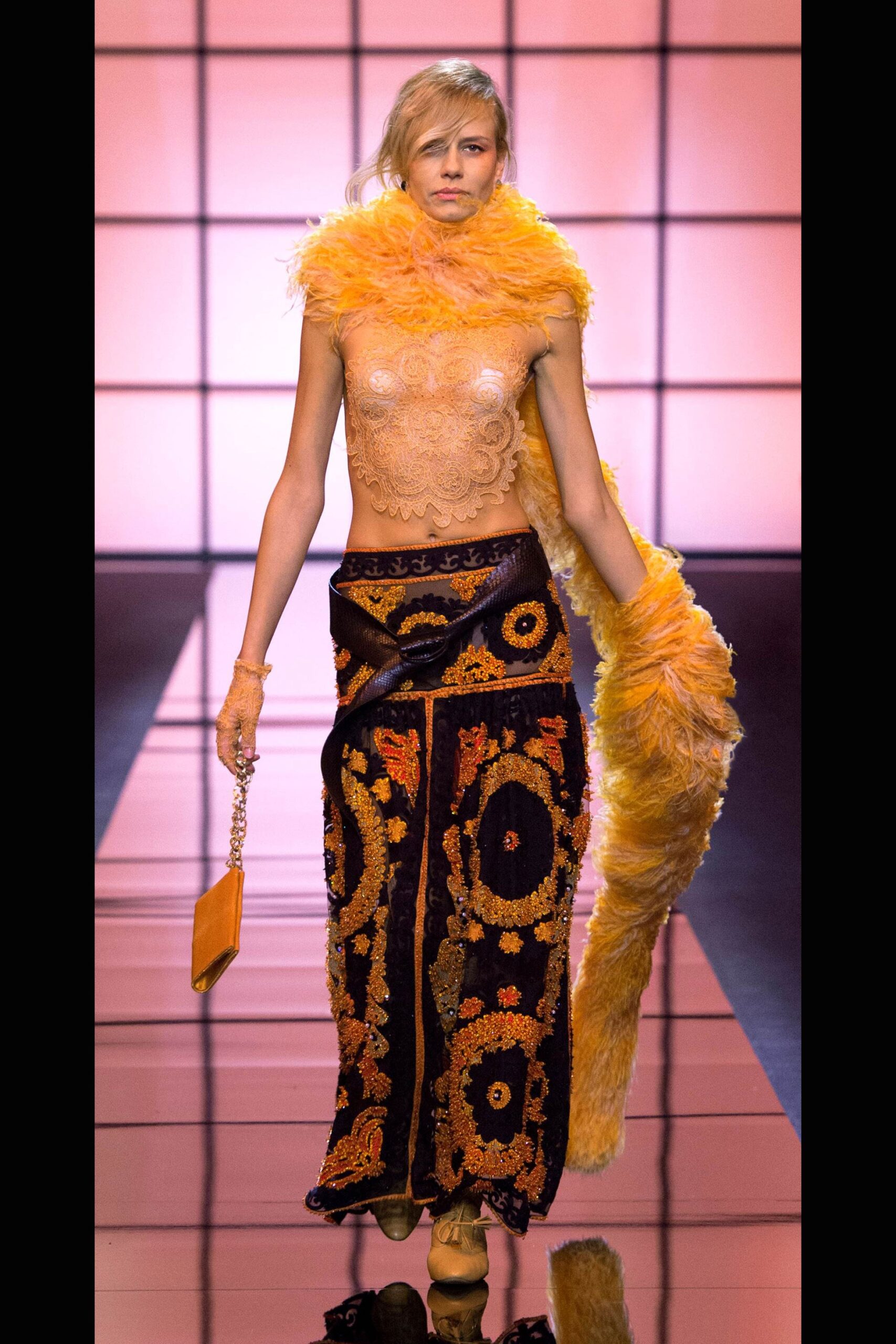 yellow fur relaxed fringed scarf