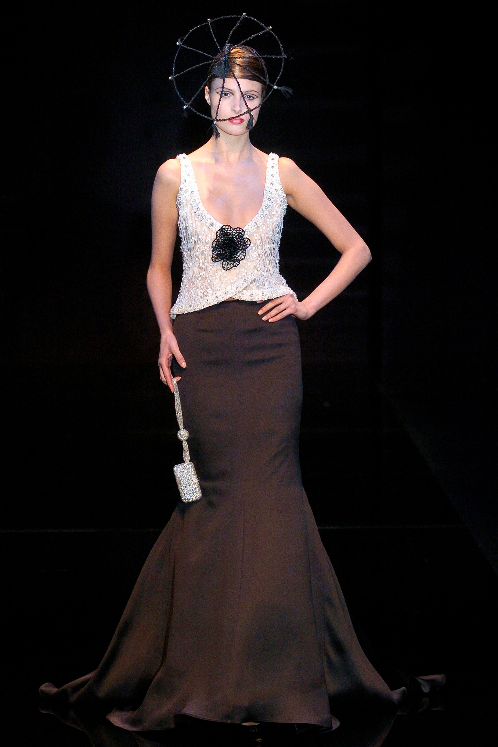black silk fitted gown with white top