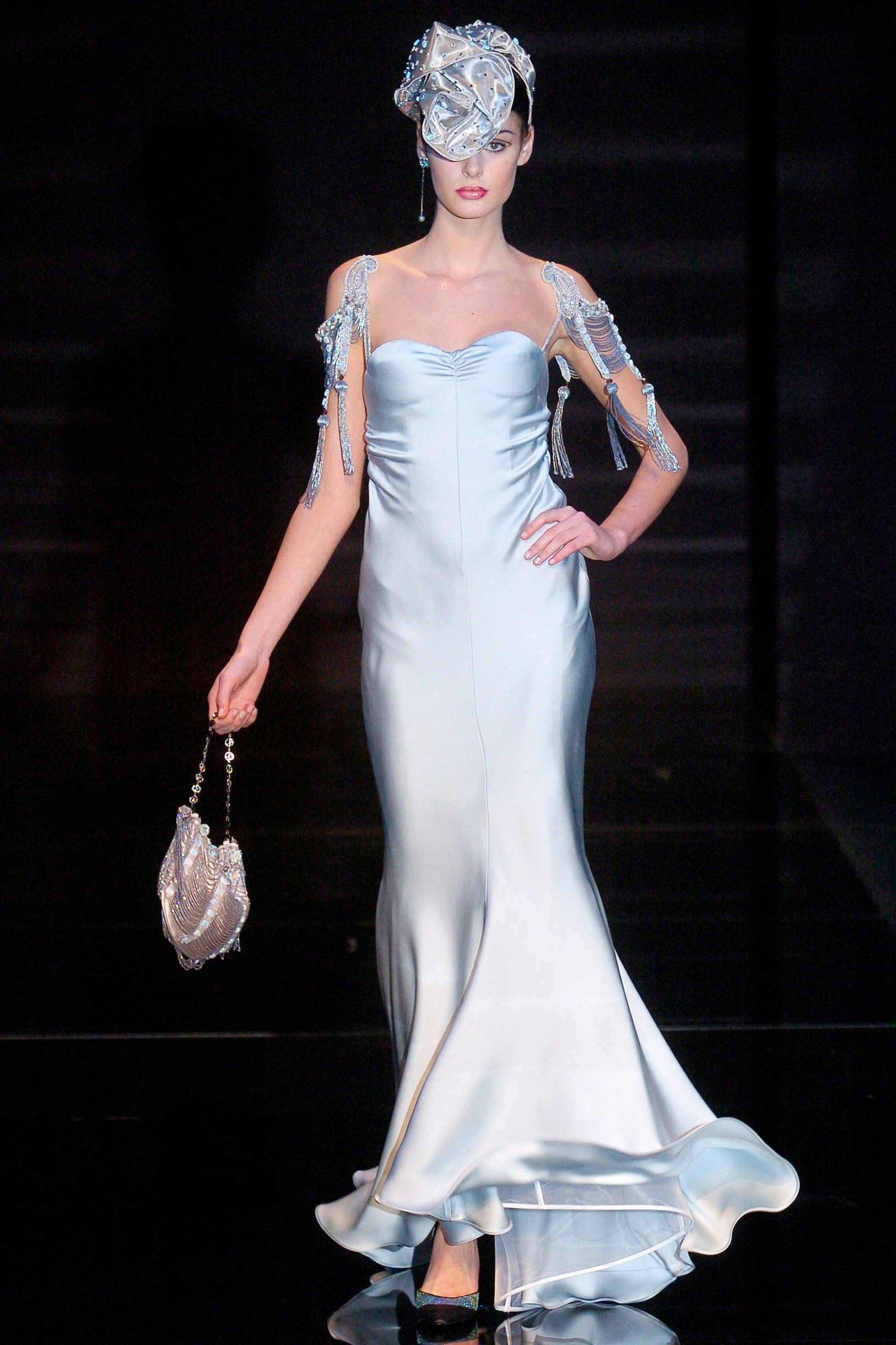 blue silk fitted gown