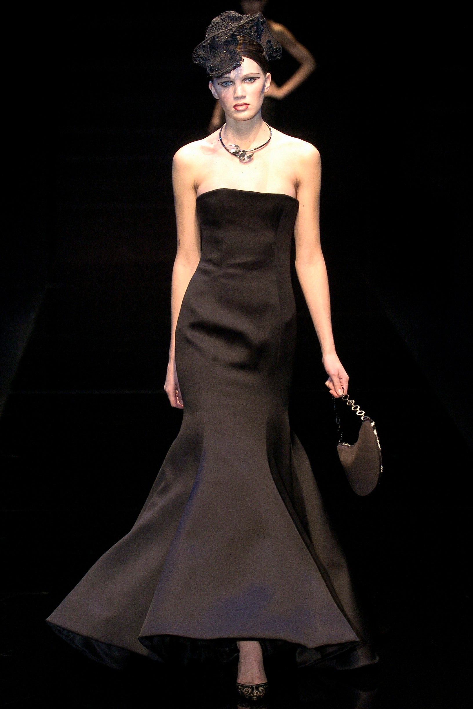 black silk strapless gown