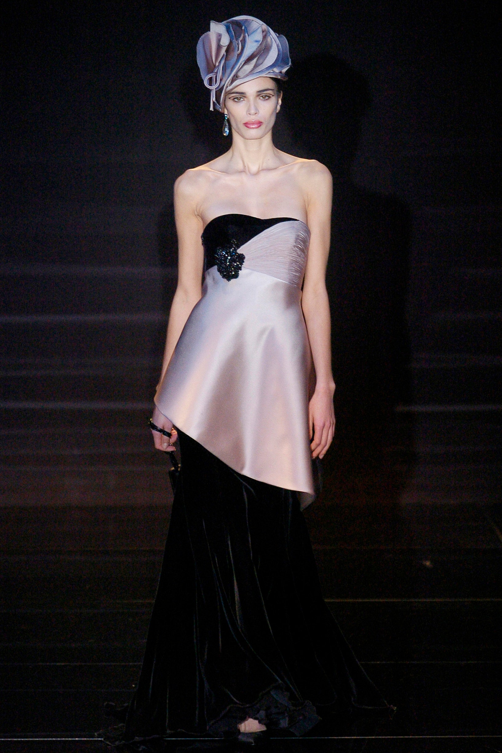 black and pink asymmetric gown with hat
