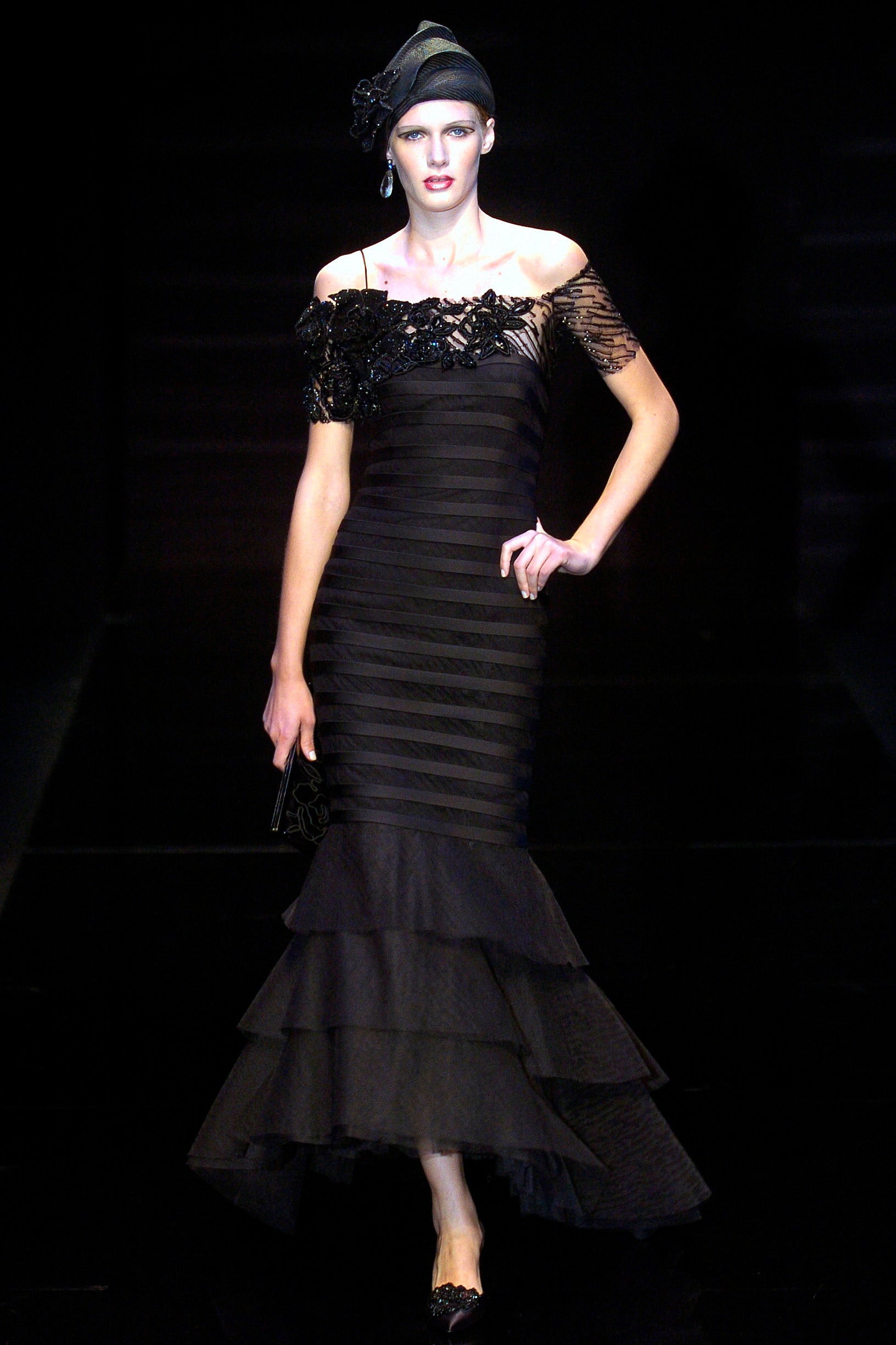 black silk off-shoulder gown