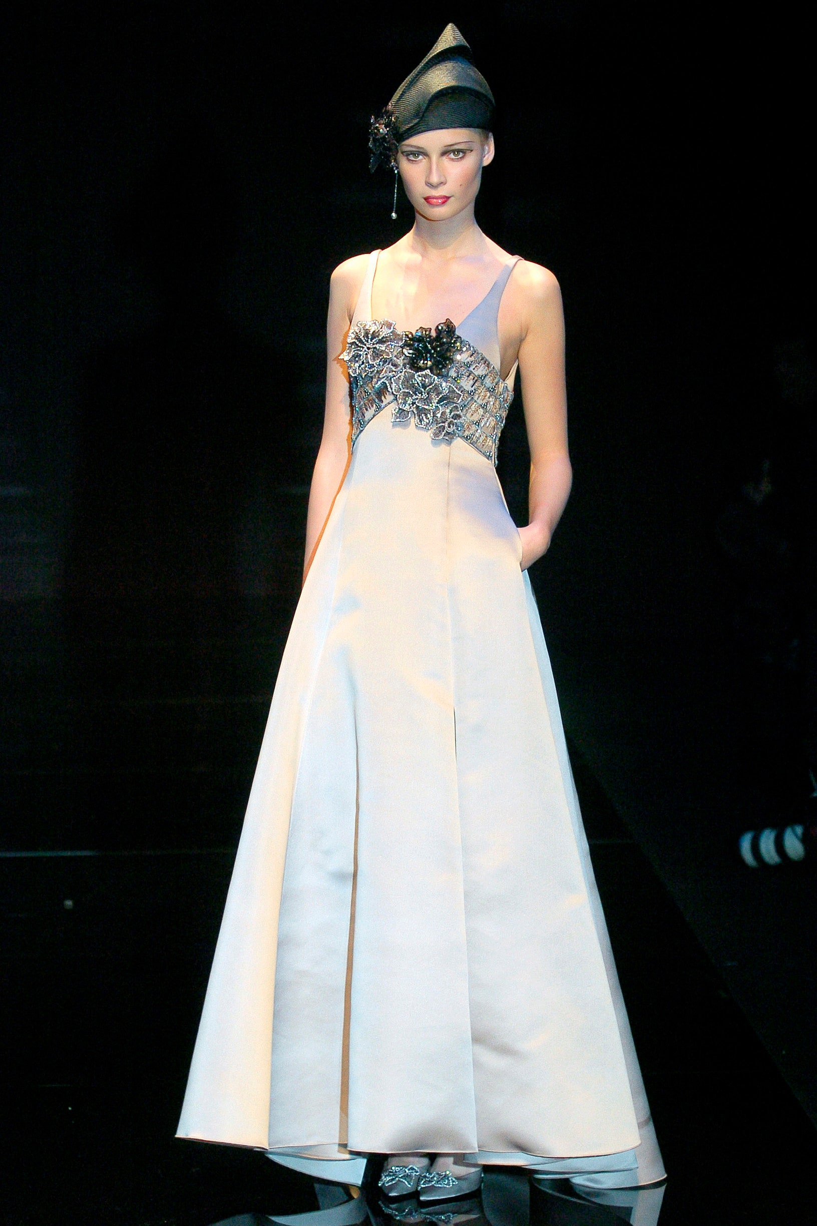 black and beige silk gown with hat