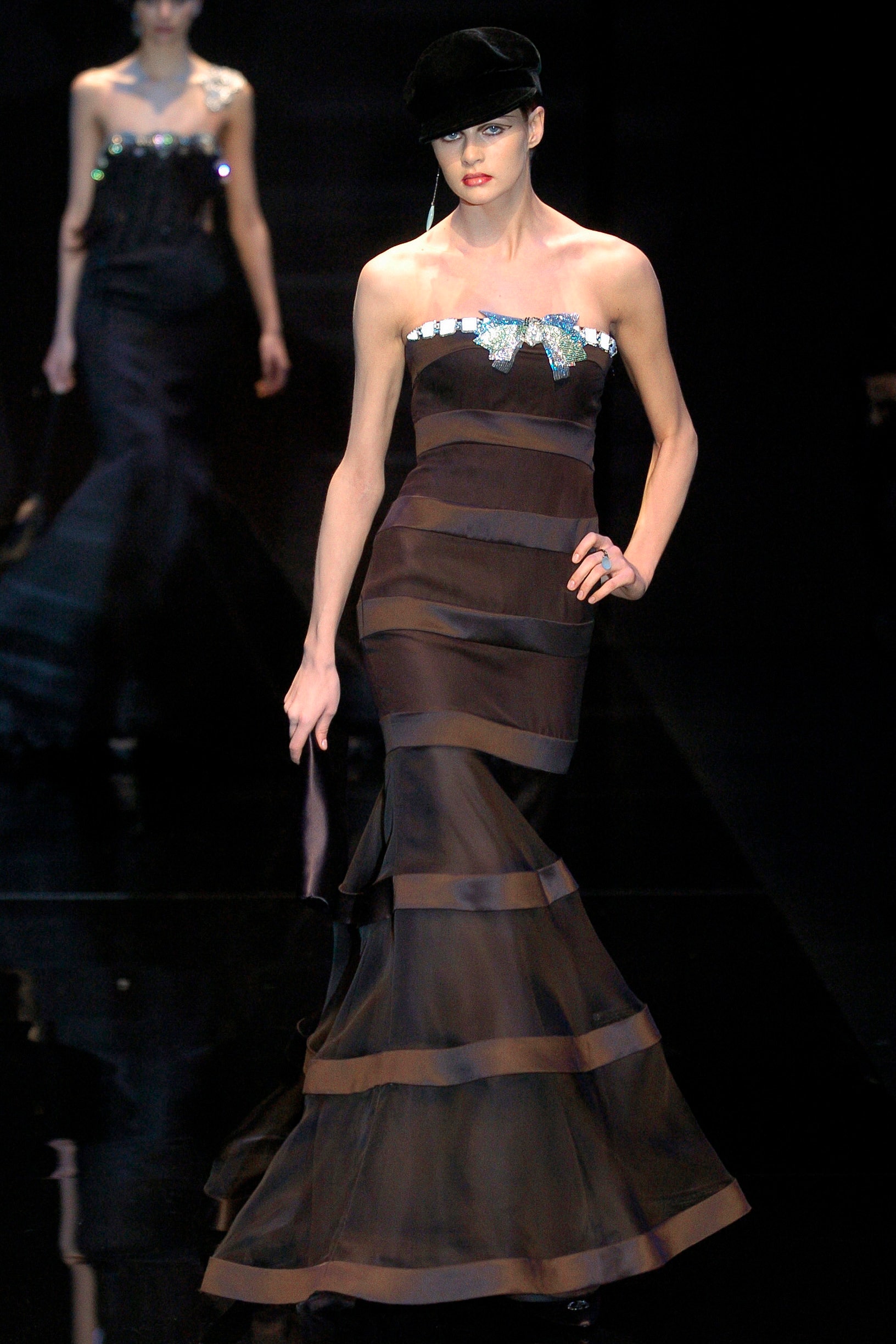 black silk strapless gown with hat