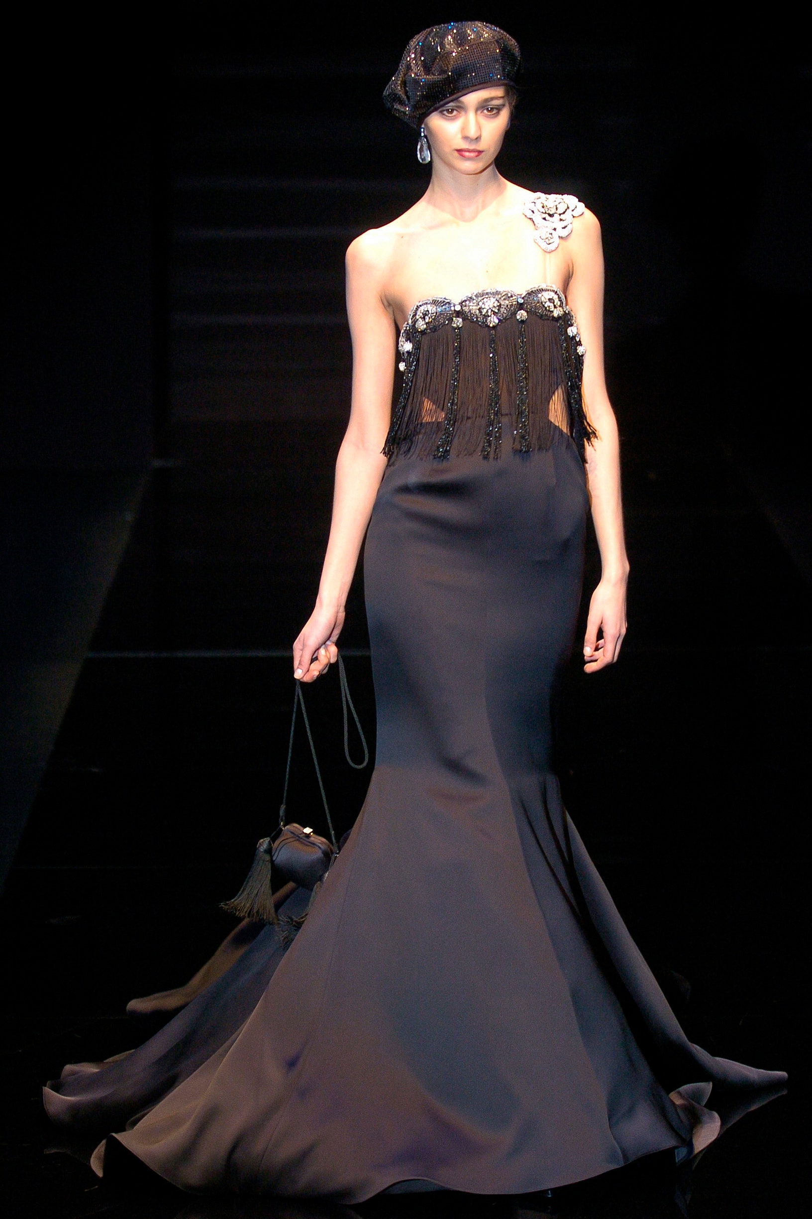 black silk strapless gown