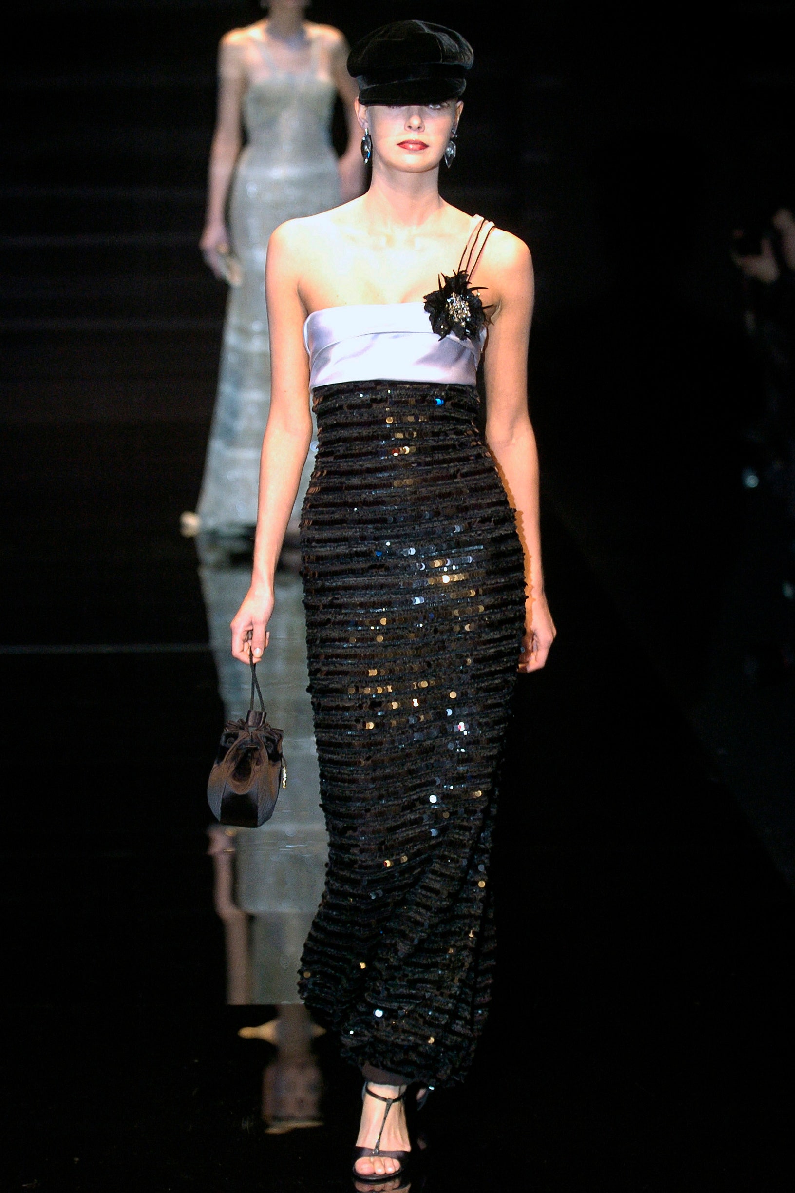 black sequined strapless gown