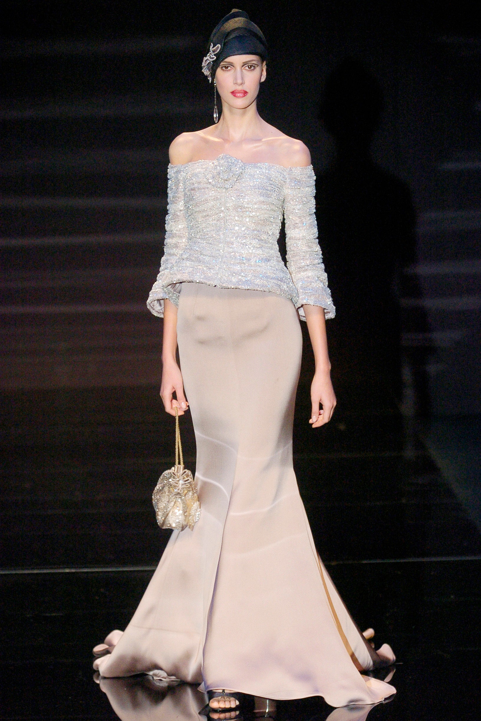 beige silk off-shoulder fitted flared flowing maxi gown