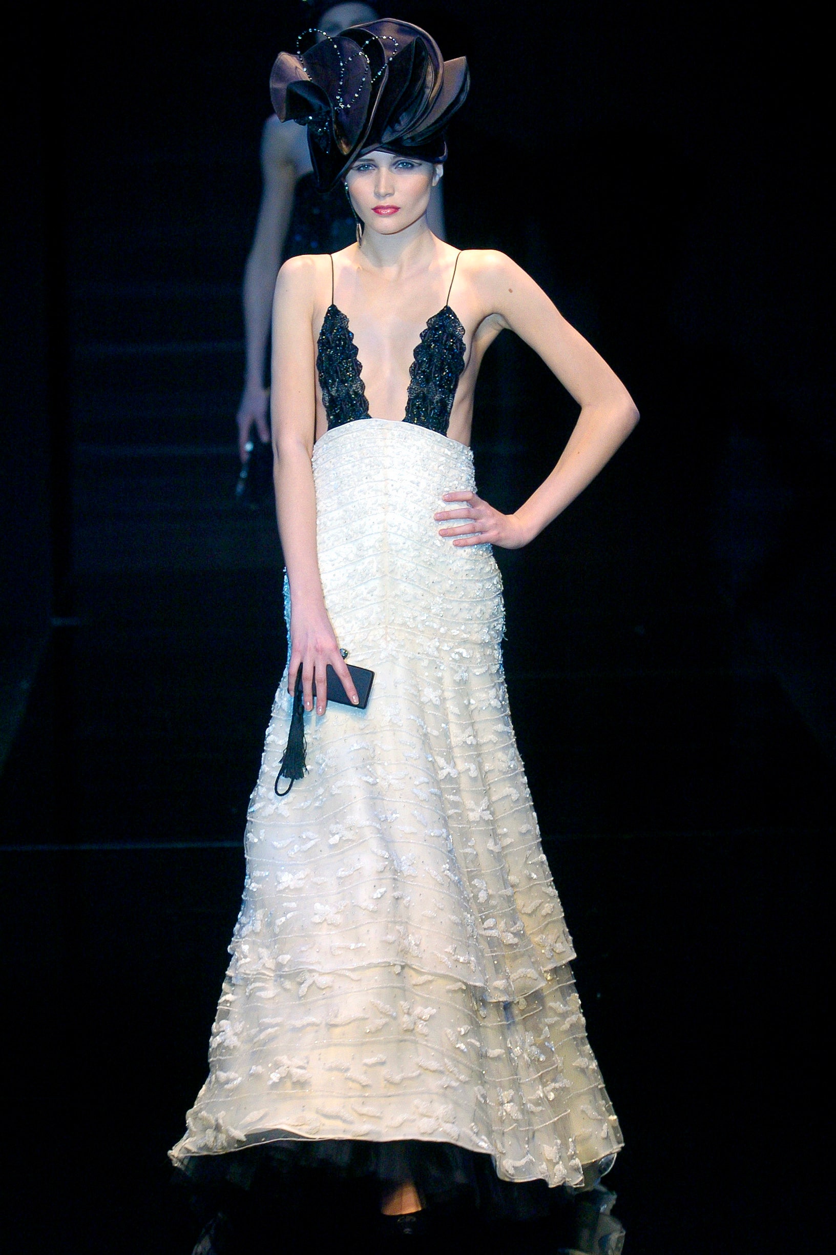 white silk fitted gown with black accents