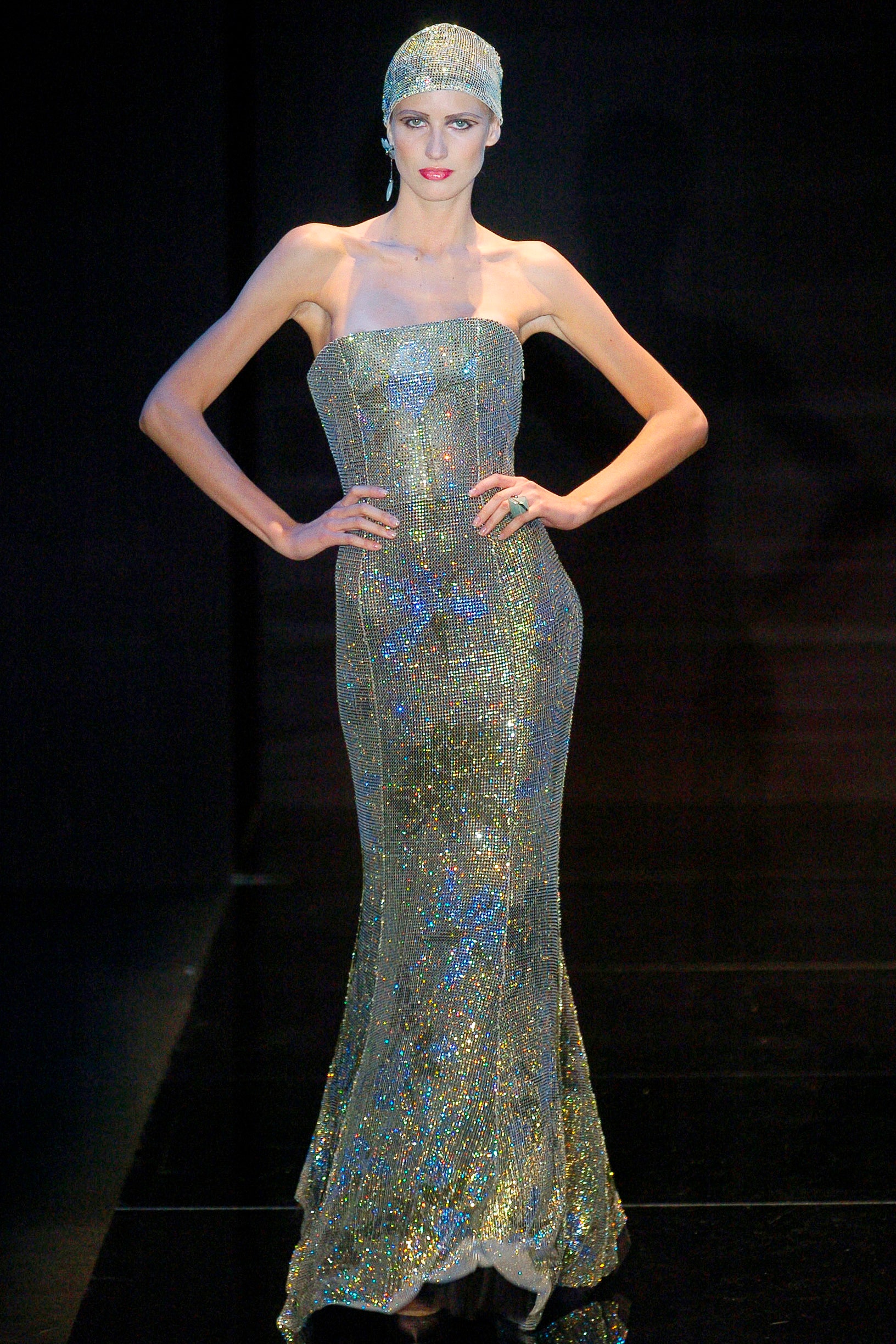 fitted silver sequined gown