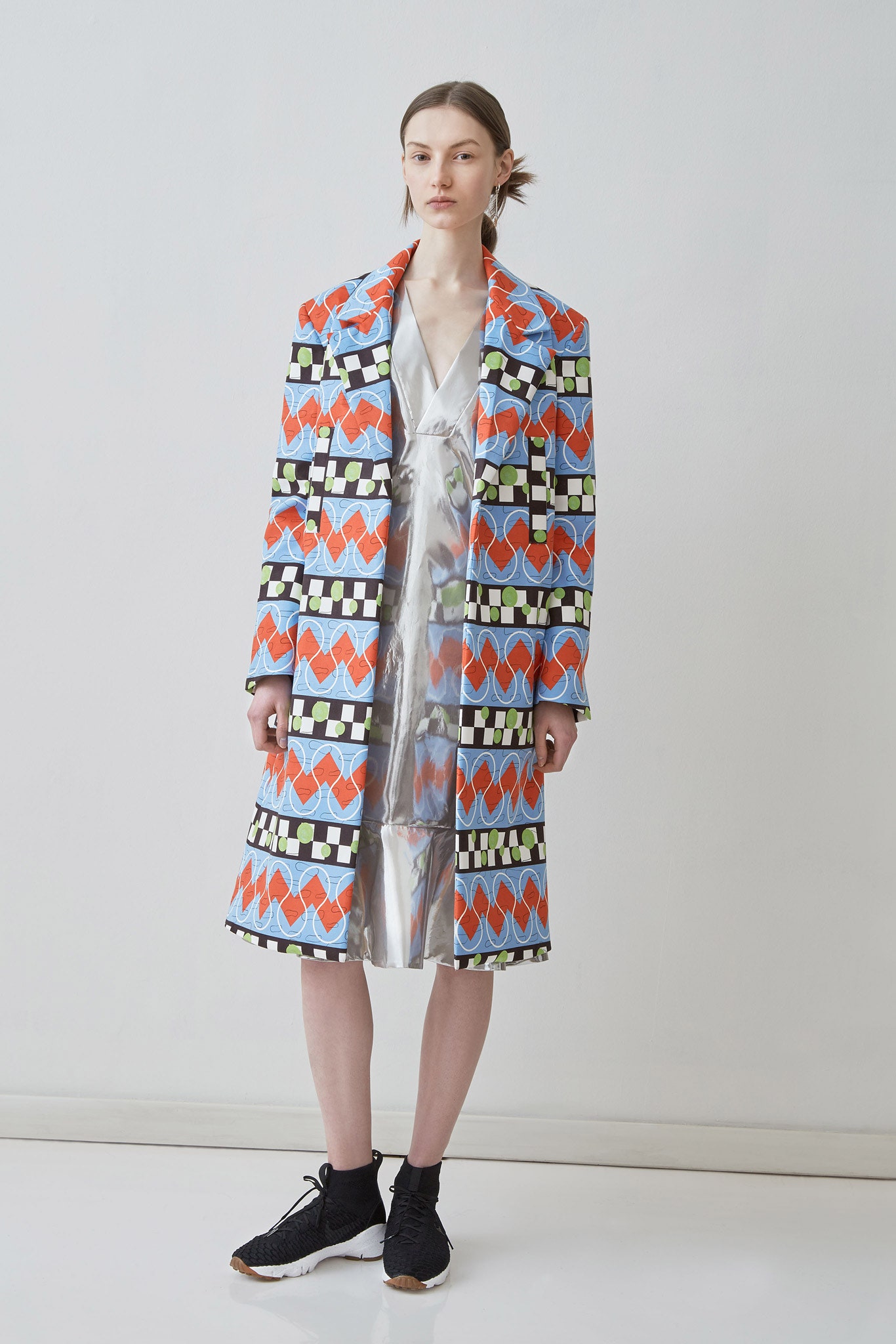 multi vinyl long-sleeve collared relaxed color-blocked coat
