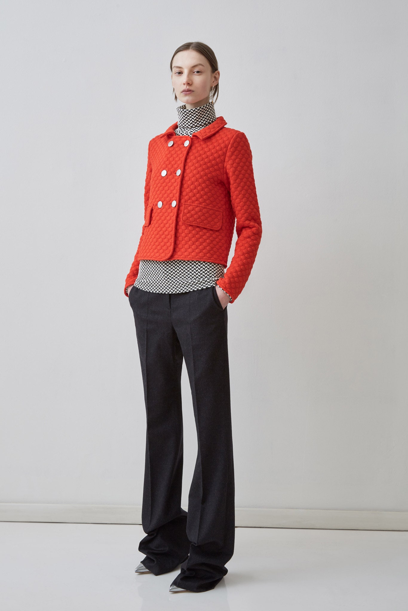 red cotton long-sleeve collared fitted buttoned quilted jacket