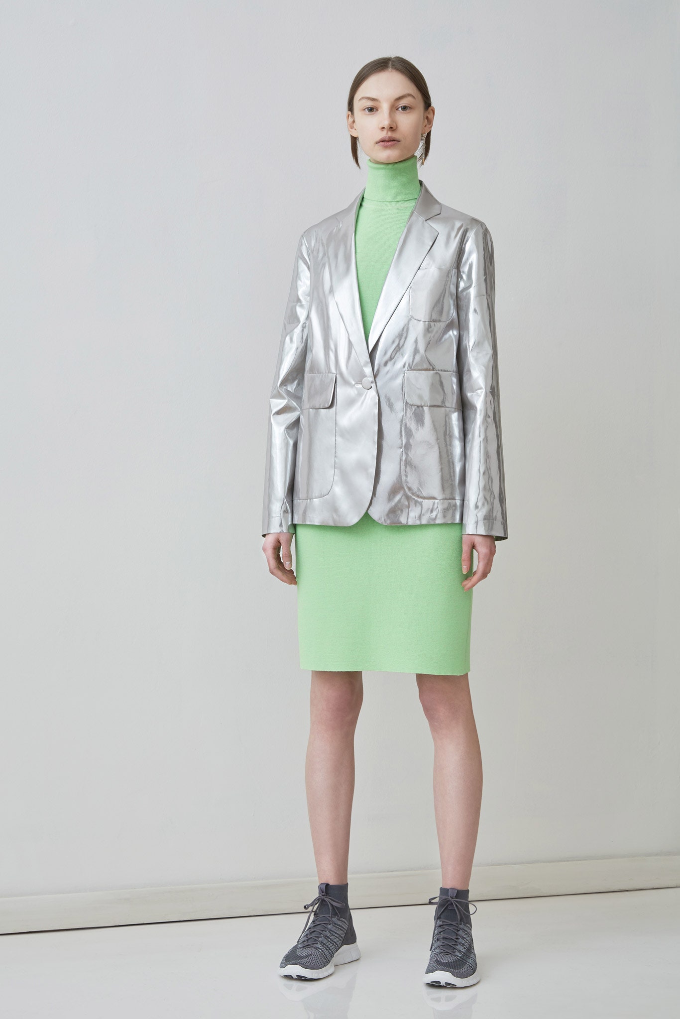 green cotton sleeveless high-neck fitted straight-leg short dress