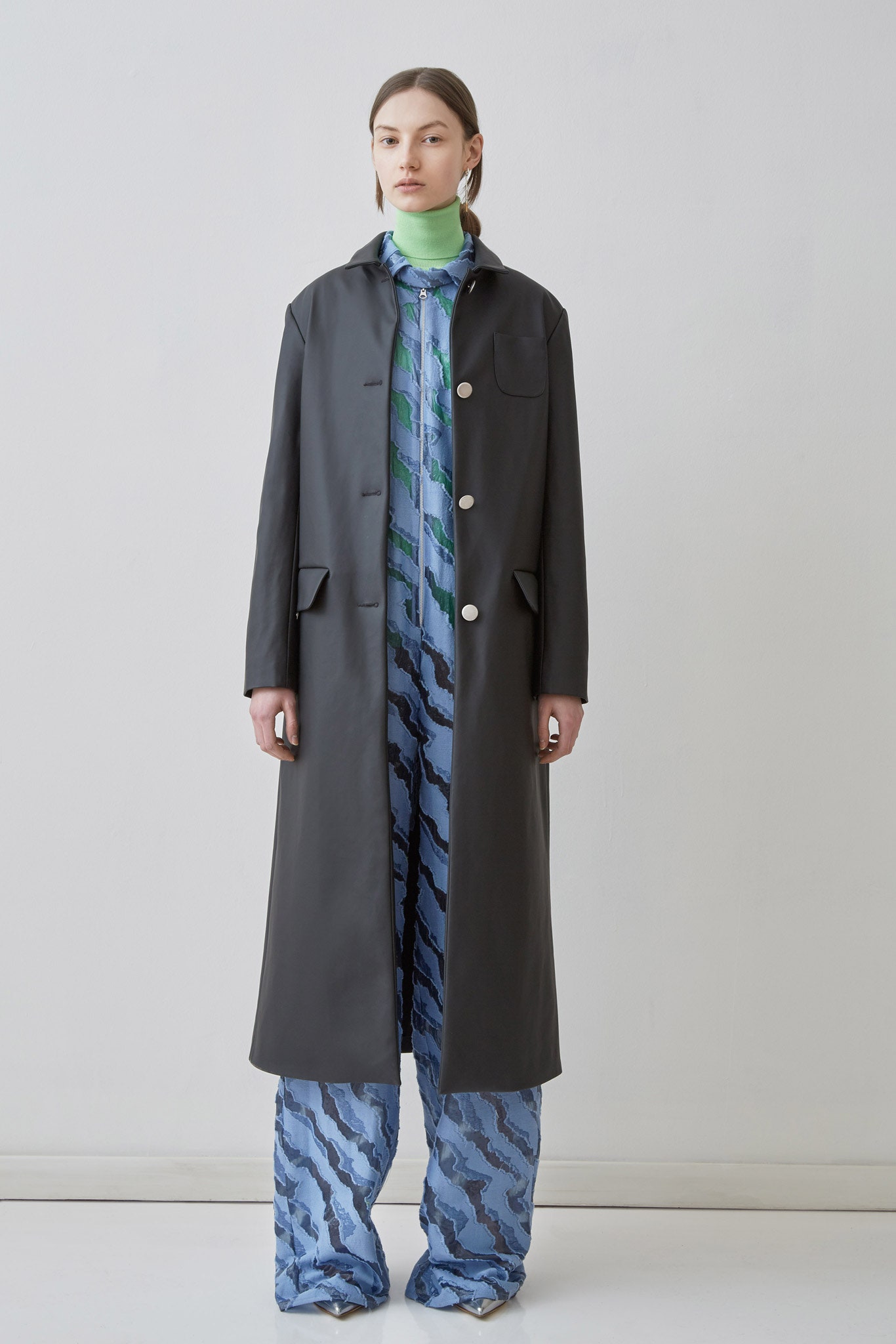 black vinyl coat with jumpsuit