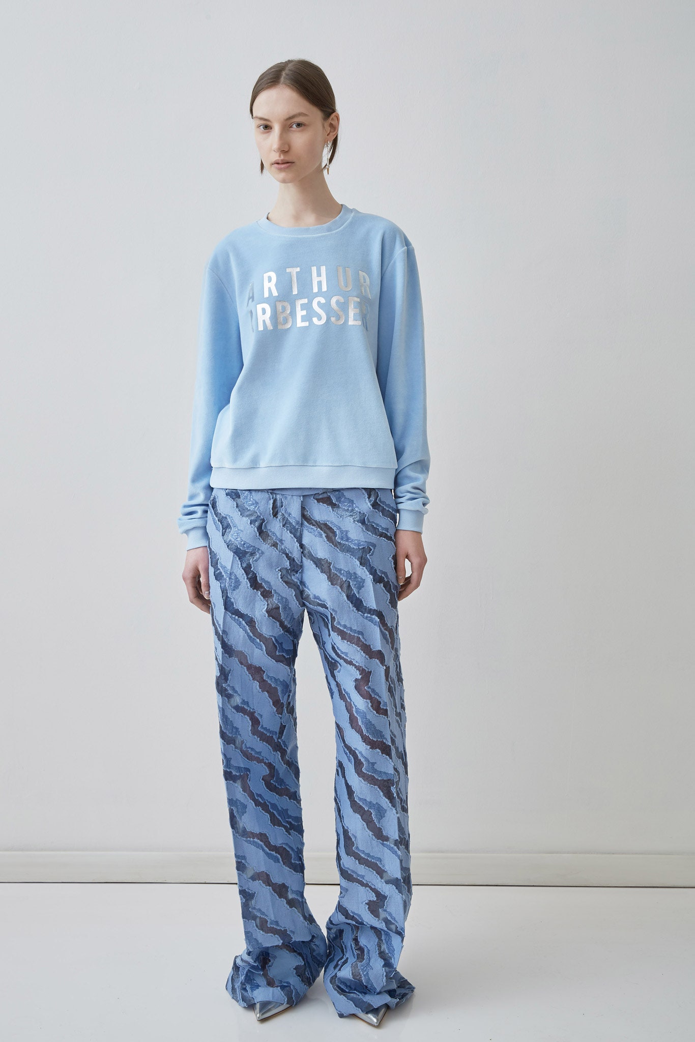 blue cotton long-sleeve collared relaxed sweater