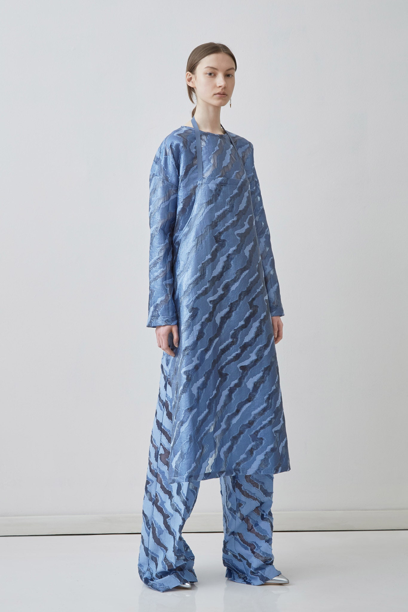blue silk long-sleeve high-neck relaxed printed maxi dress