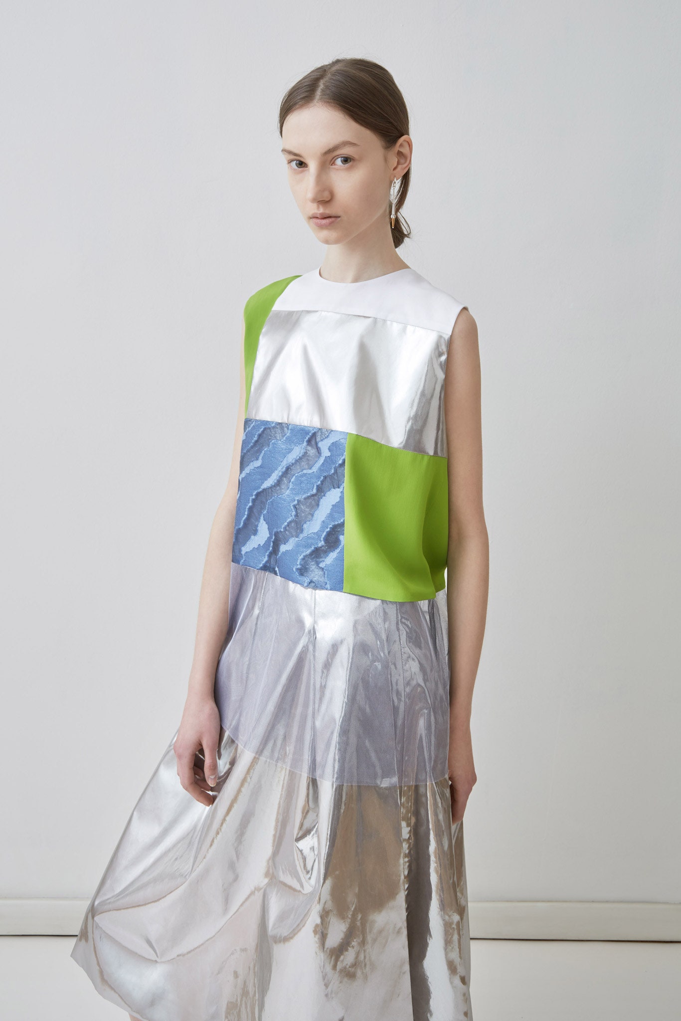 silver color-blocked midi dress