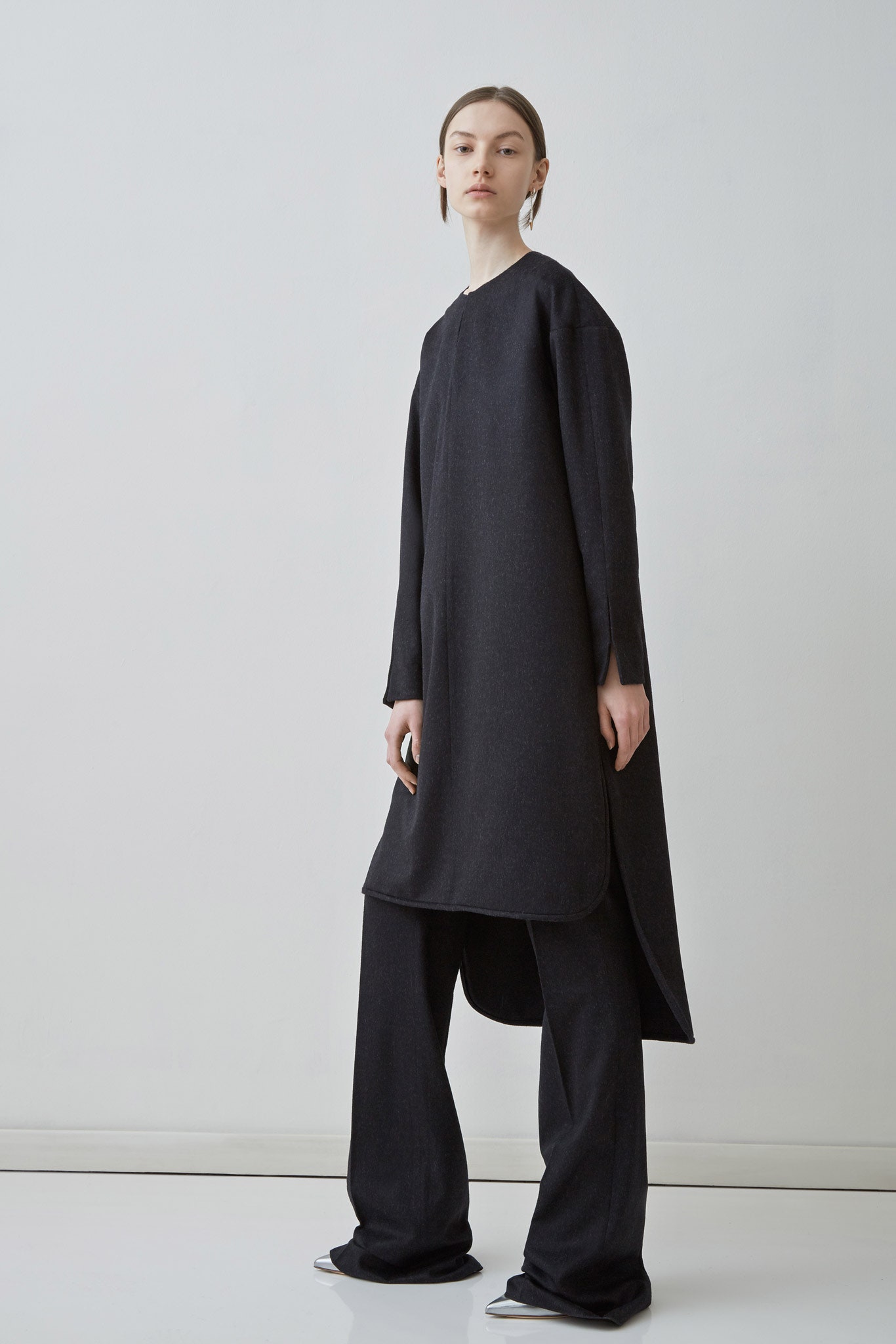 black wool long-sleeve high-neck relaxed midi dress