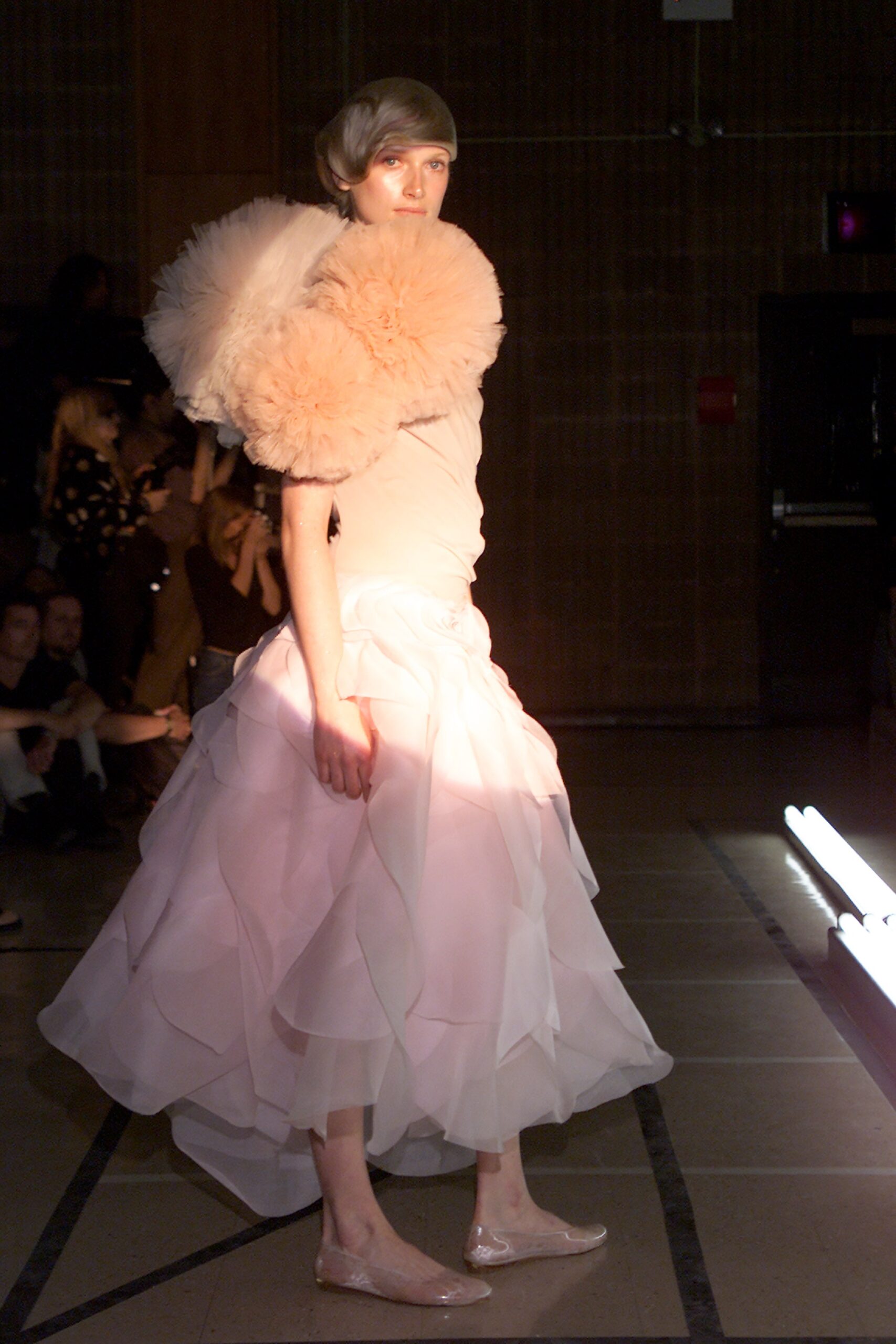 pink silk tiered dress with fur cape