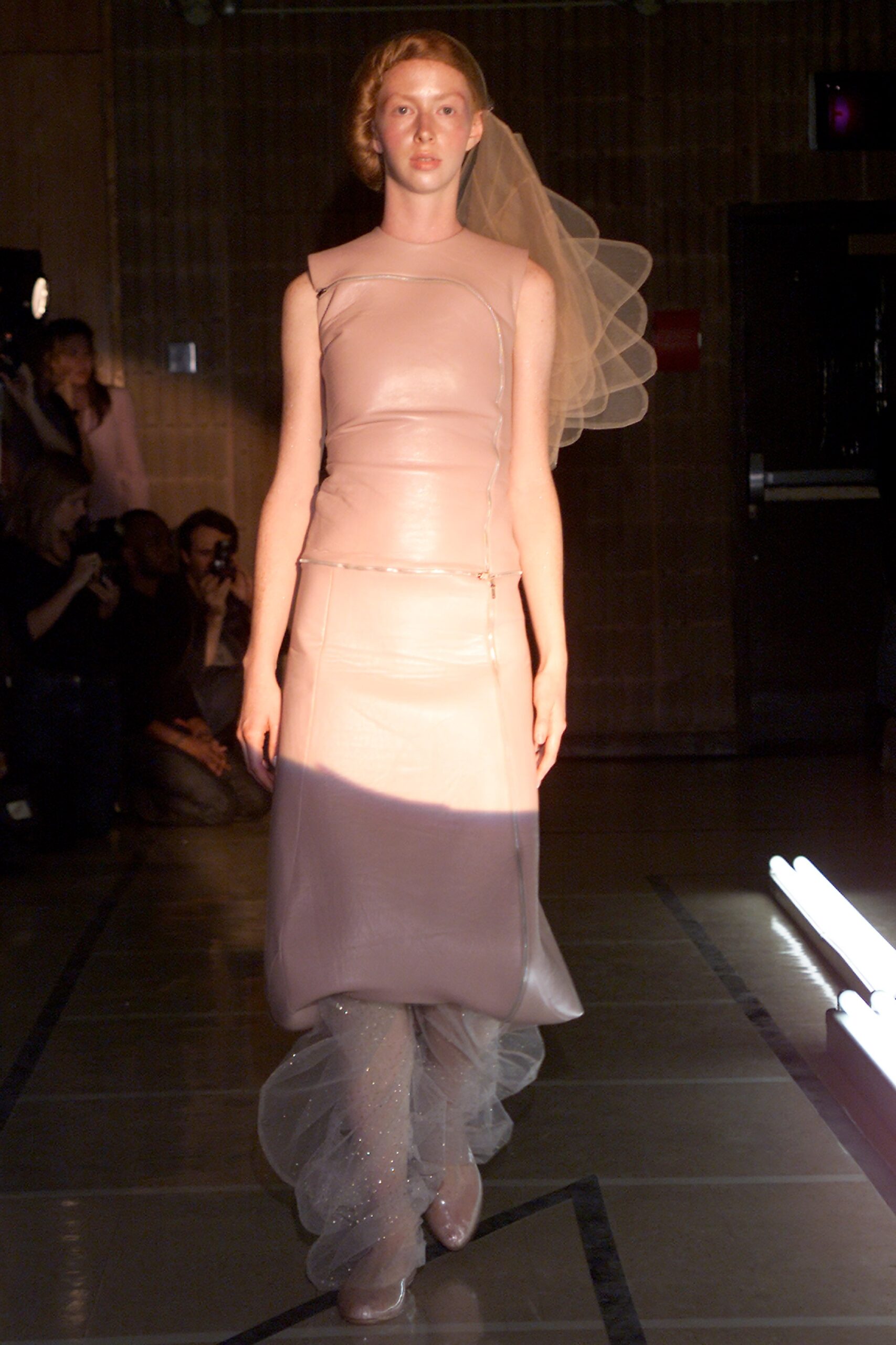 pink leather fitted dress with tulle skirt