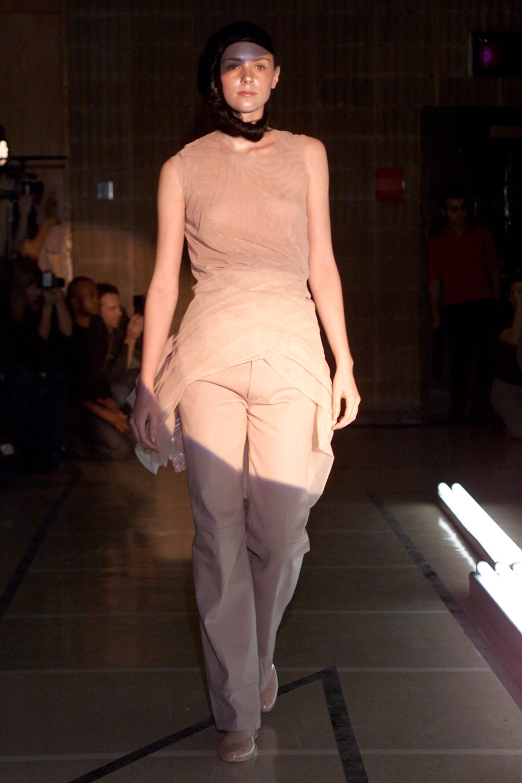 beige silk fitted top and pants
