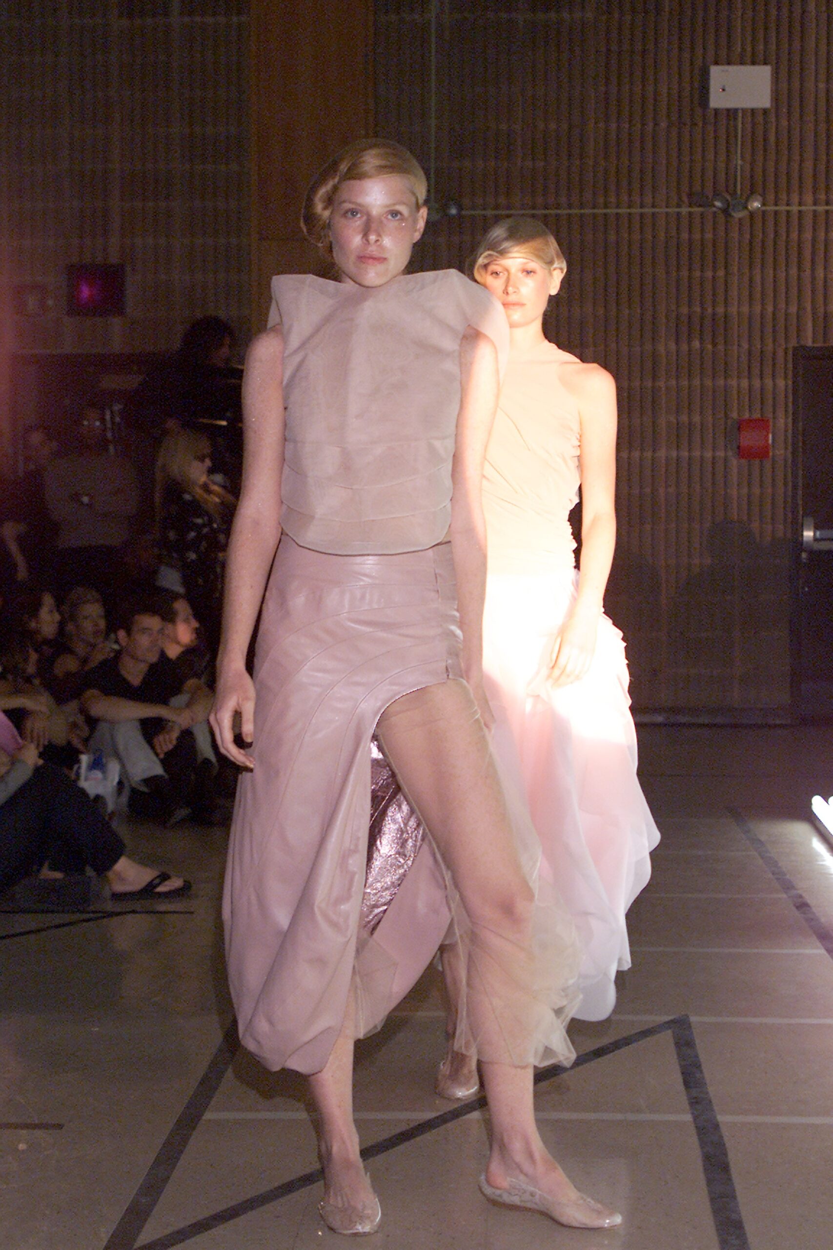 pink silk asymmetric dress and beige chiffon layered dress