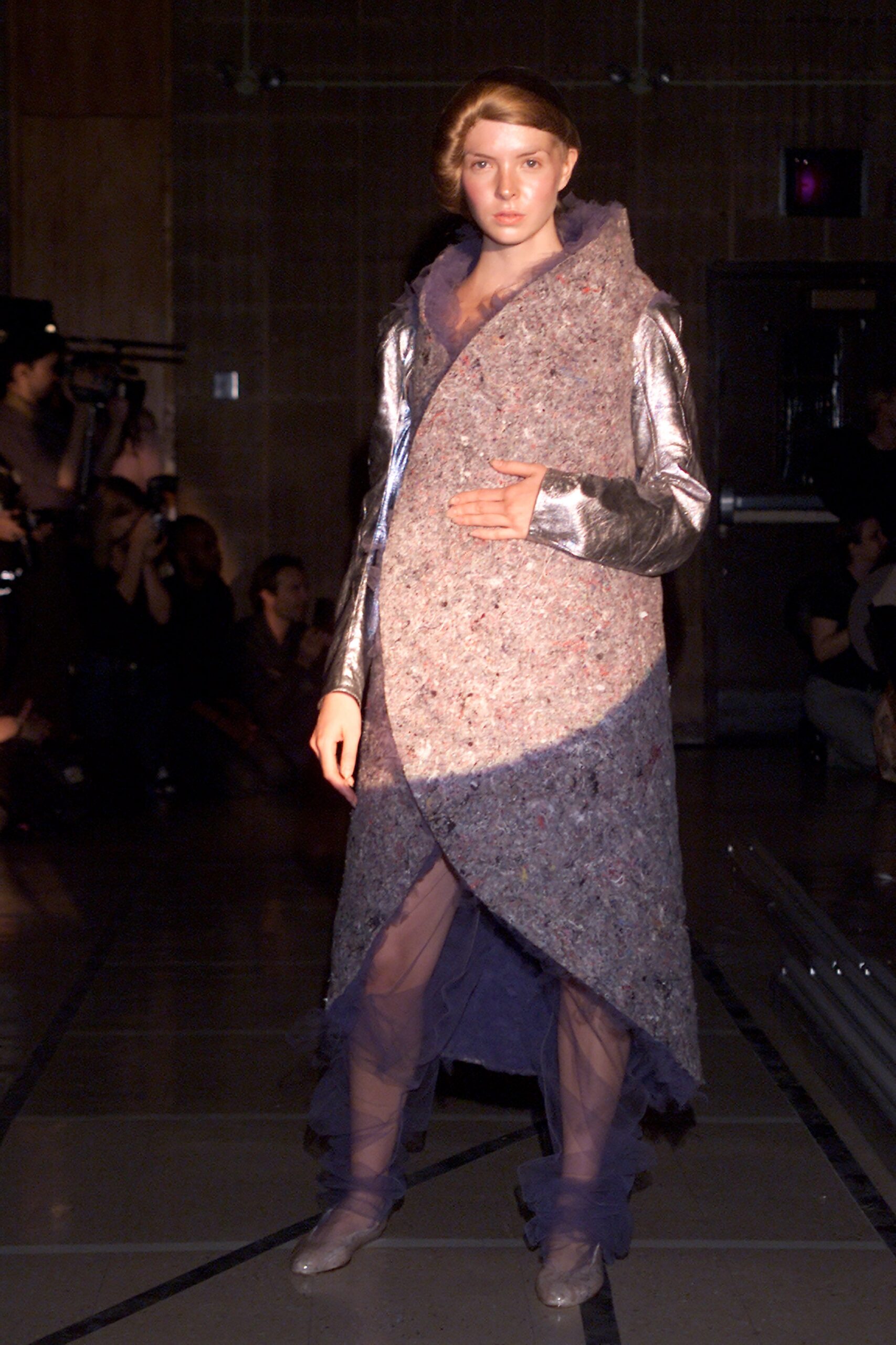 gray wool relaxed coat and purple tulle dress