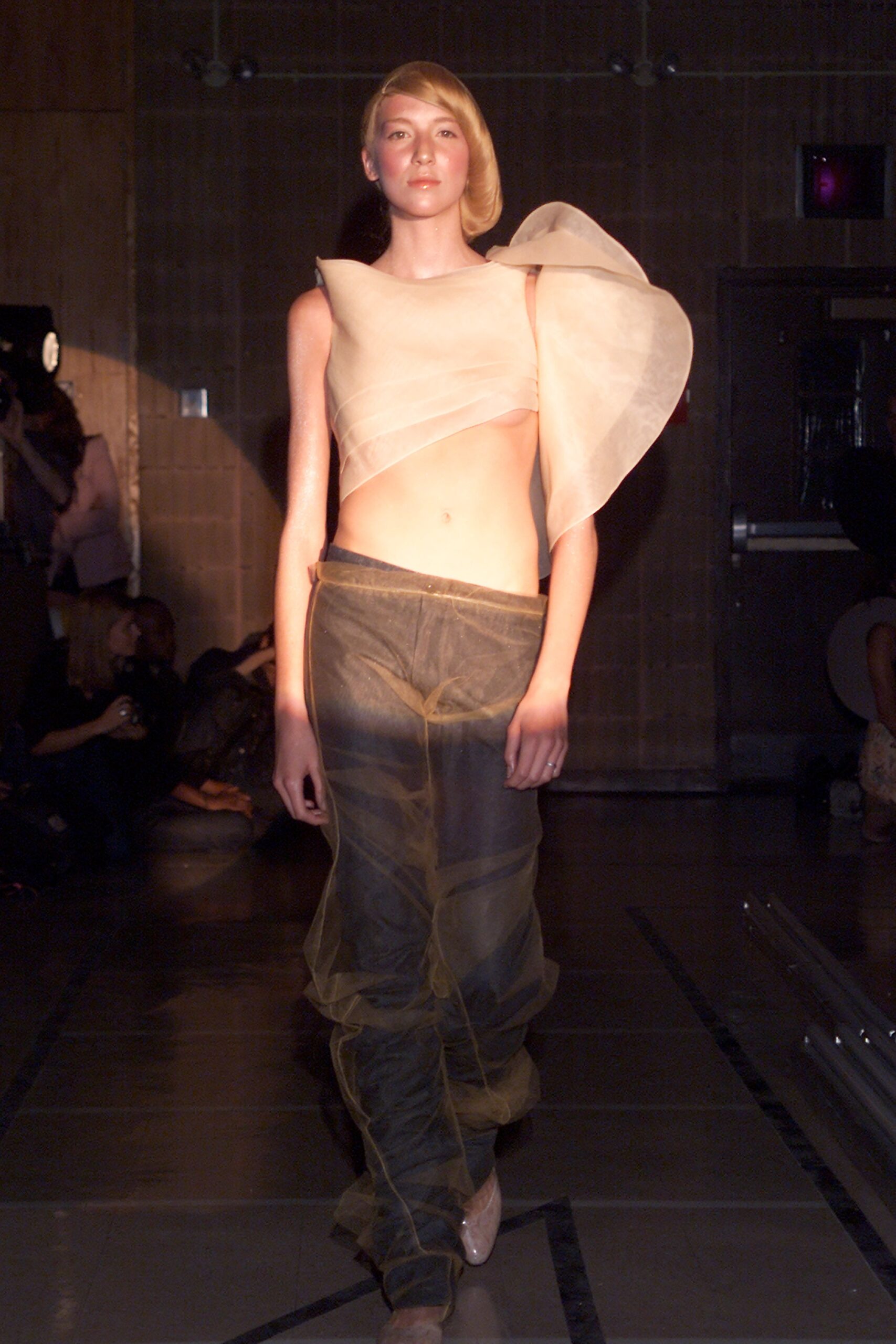 asymmetric beige chiffon top and gray mesh pants