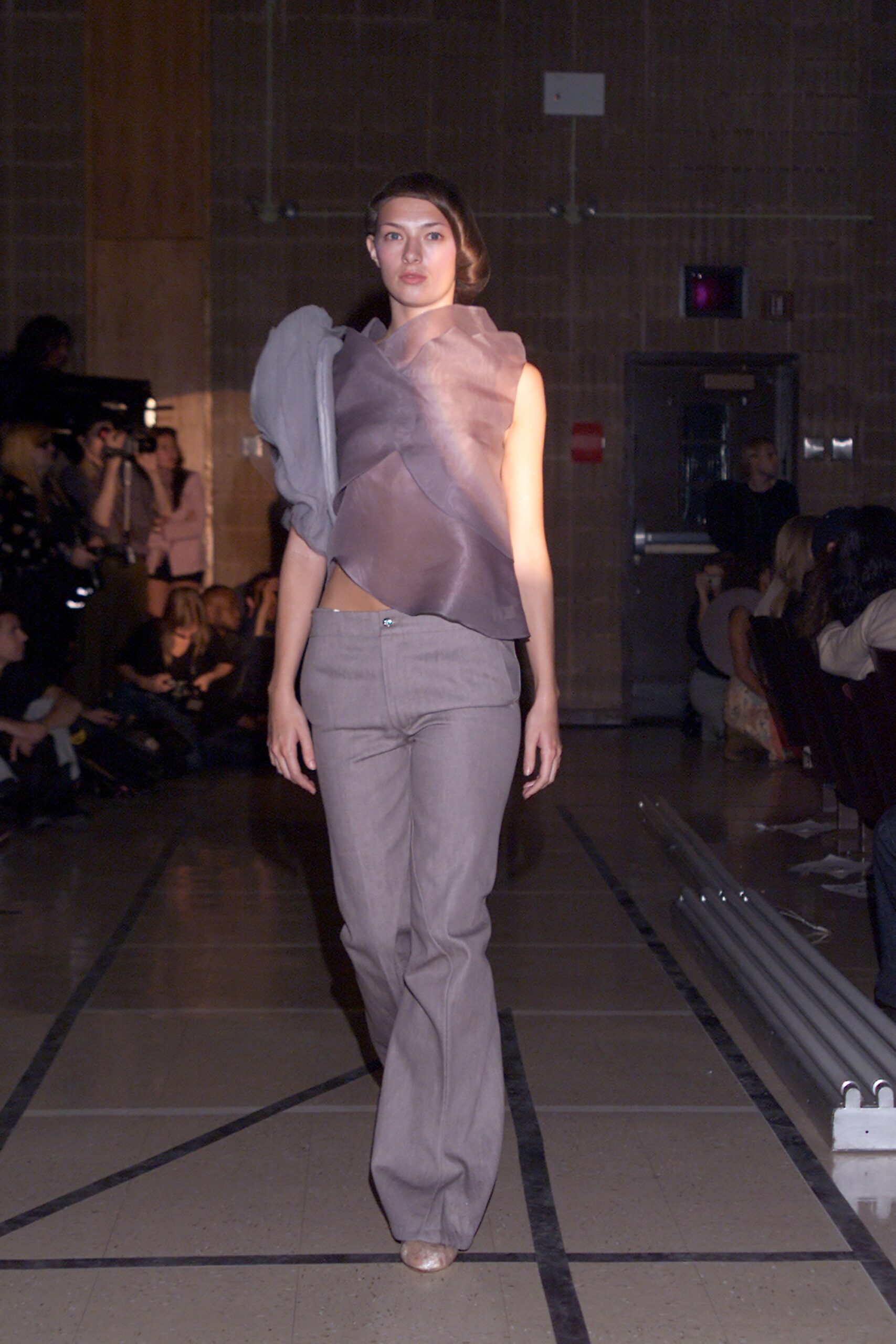 asymmetric gray silk top with fitted pants
