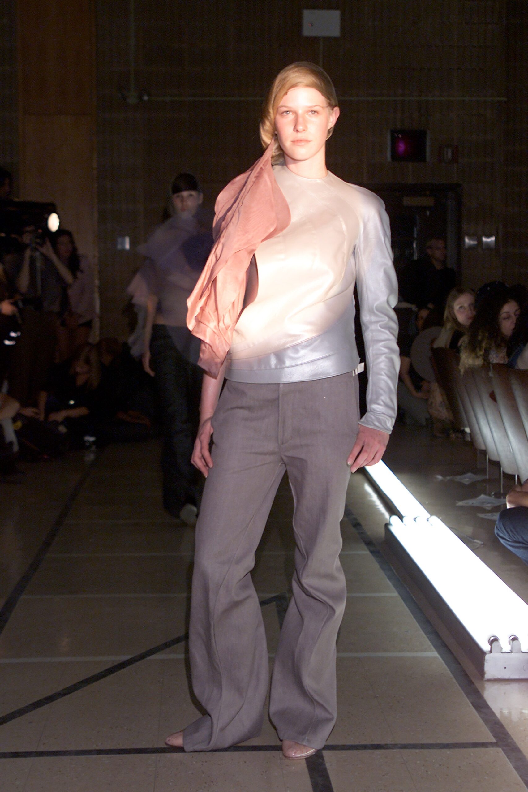 fitted silk top with flared pants
