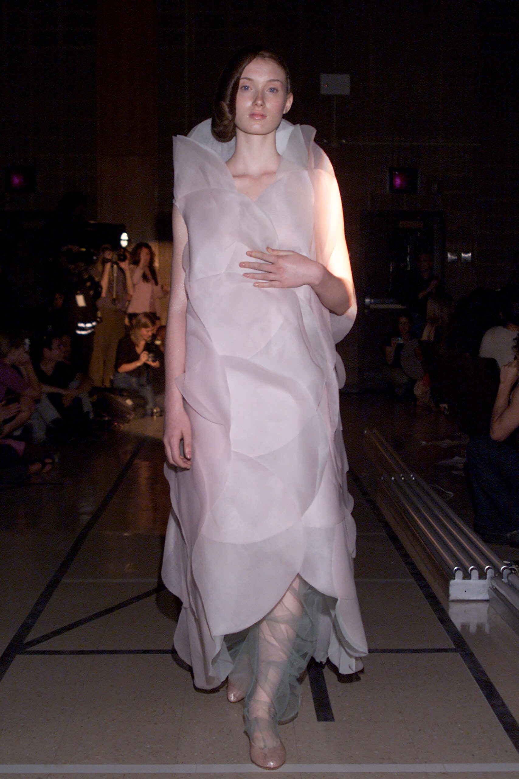 white silk sleeveless gown