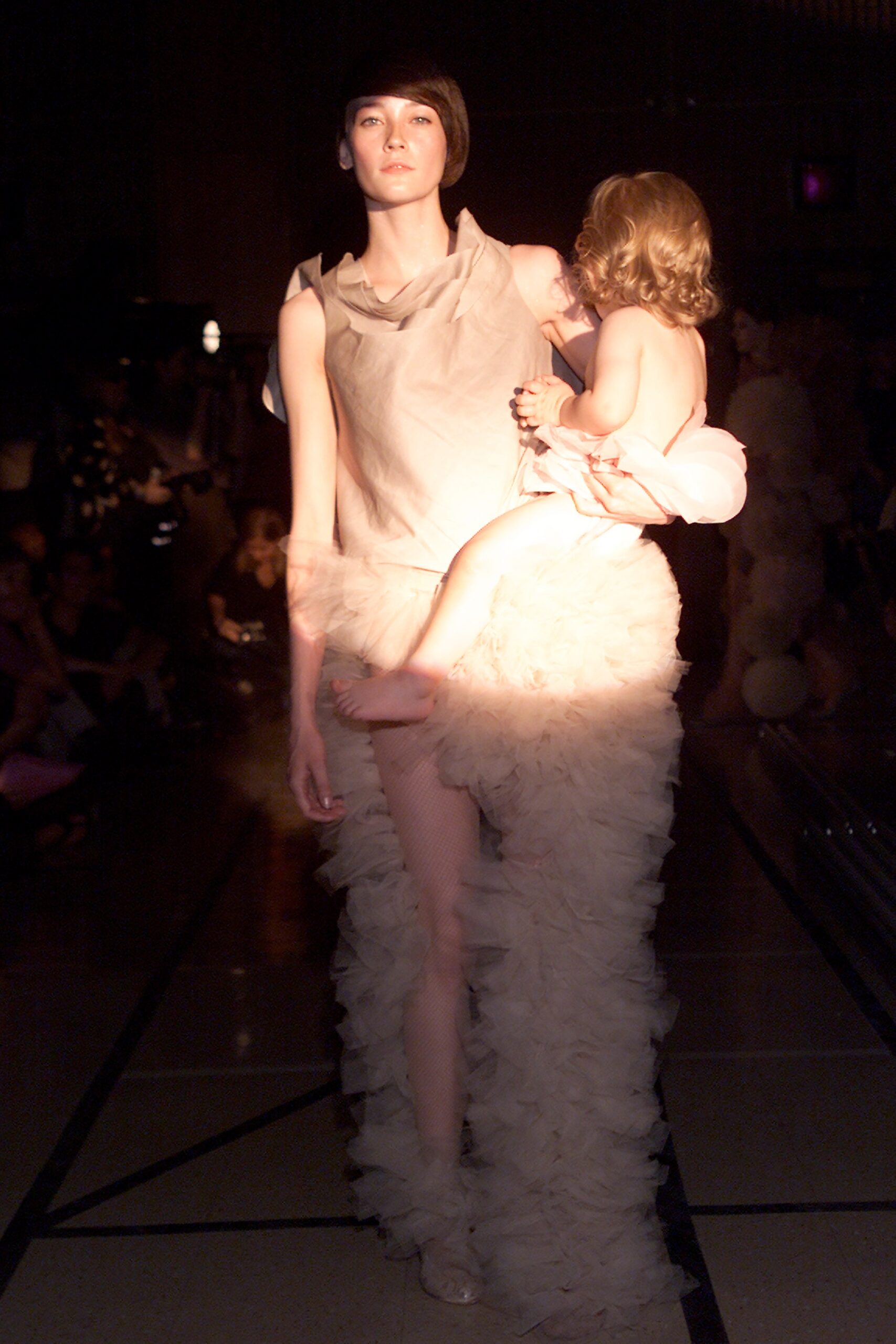 beige tiered tulle midi dress