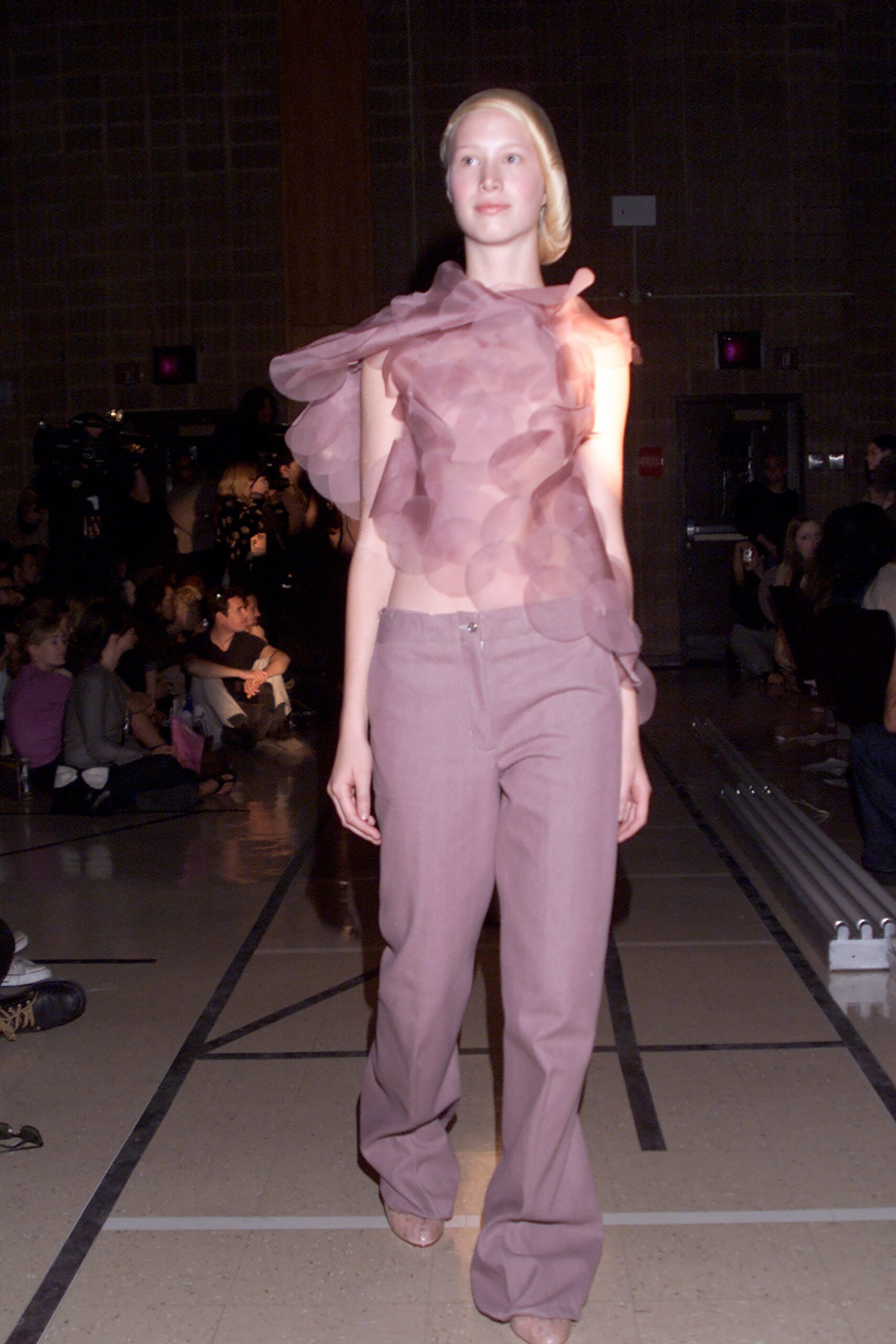 pink chiffon top with purple pants