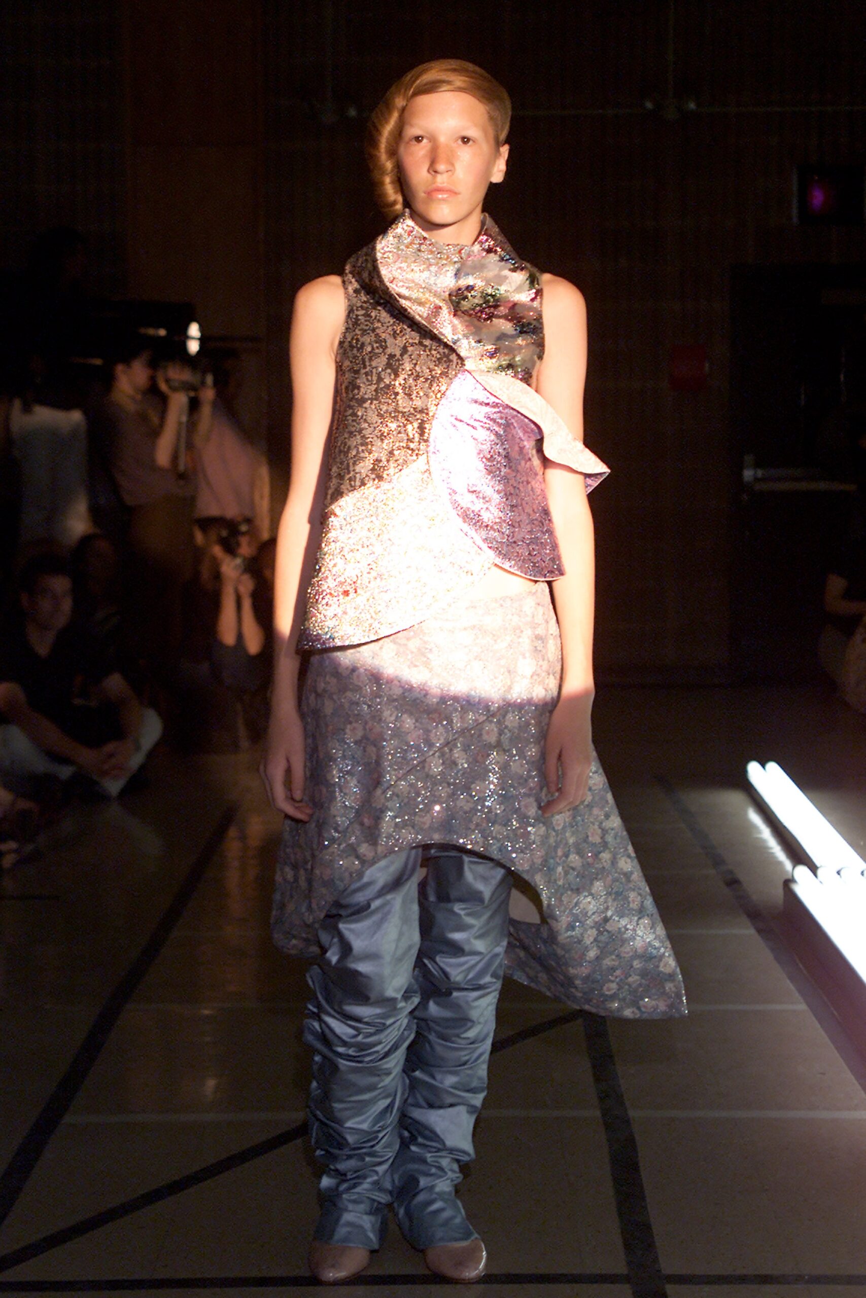 asymmetric purple pink dress with ruched pants