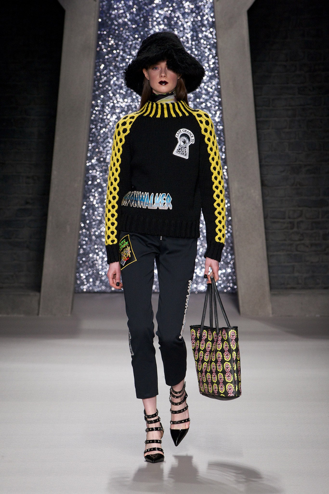 black cotton long-sleeve high-neck fitted embroidered color-blocked sweater