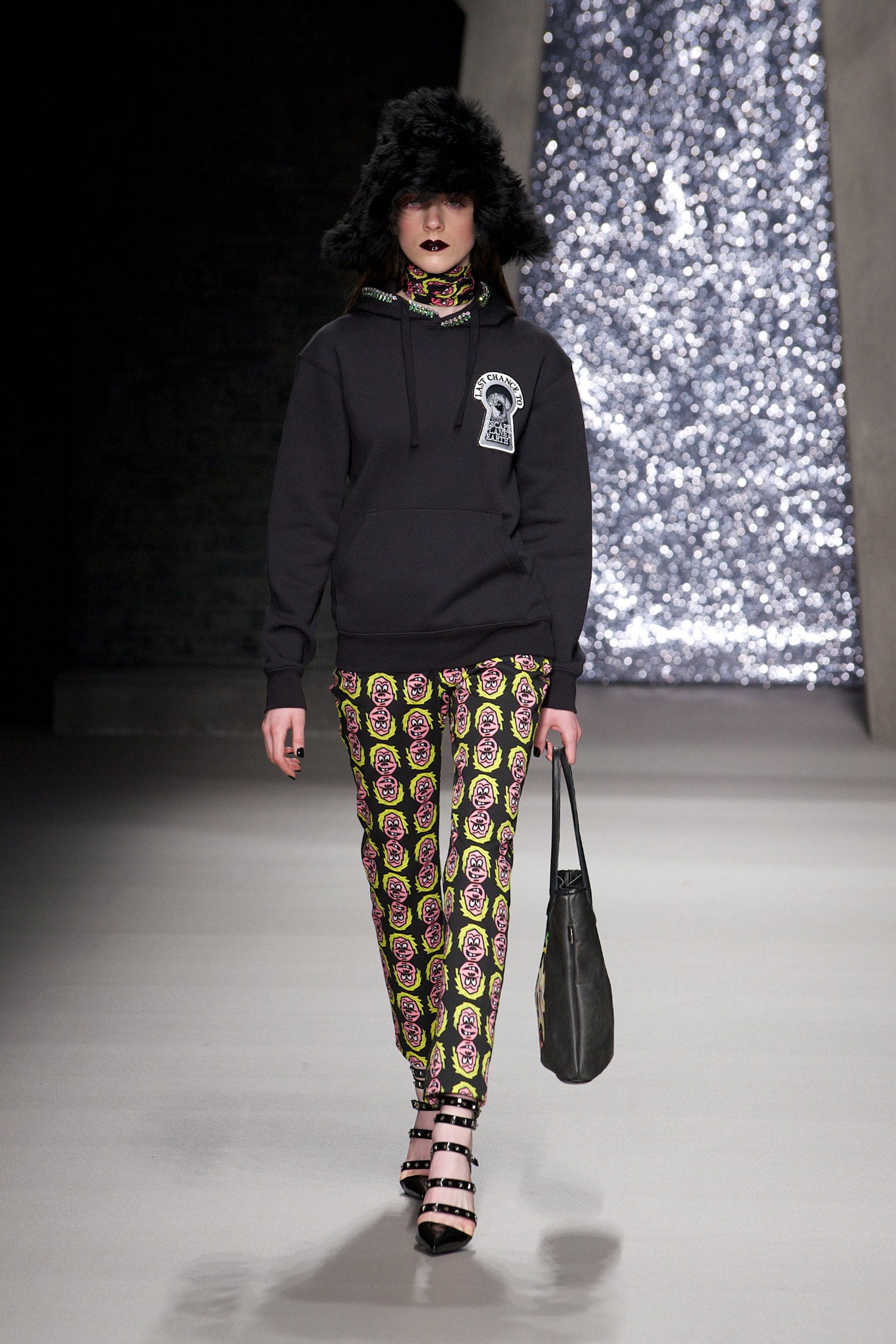 black hoodie with printed pants