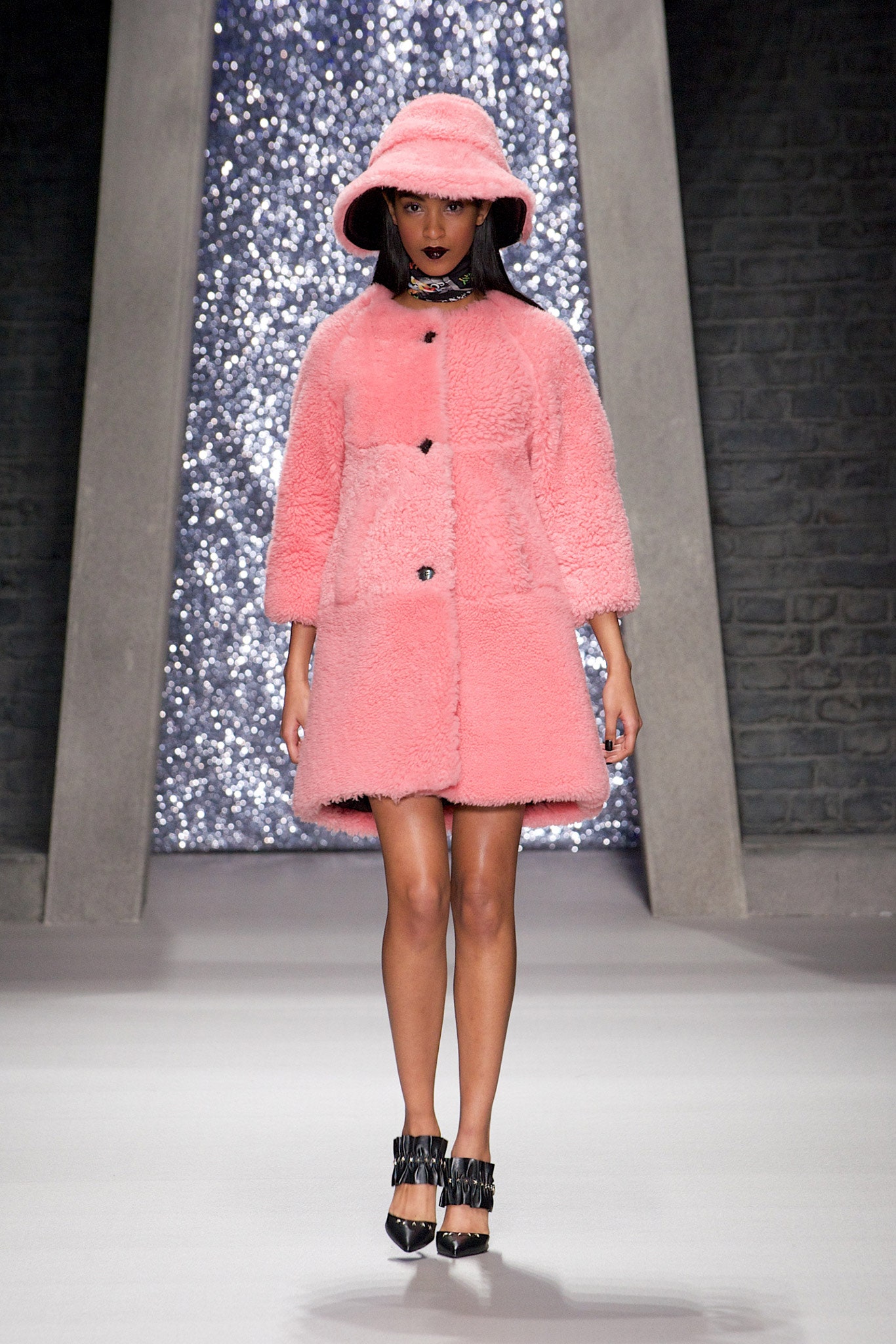 pink faux-fur coat with hat
