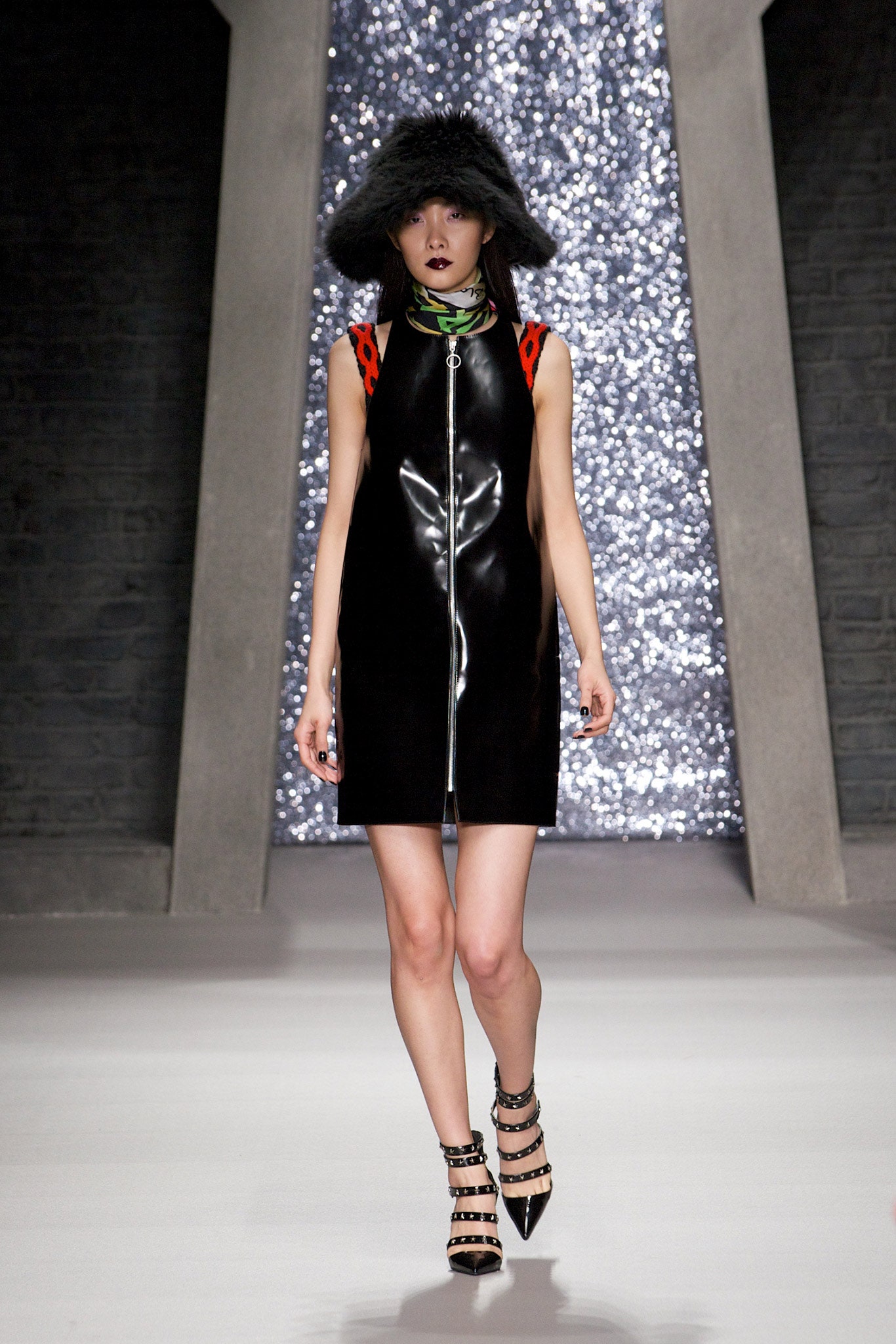 black vinyl sleeveless mini dress