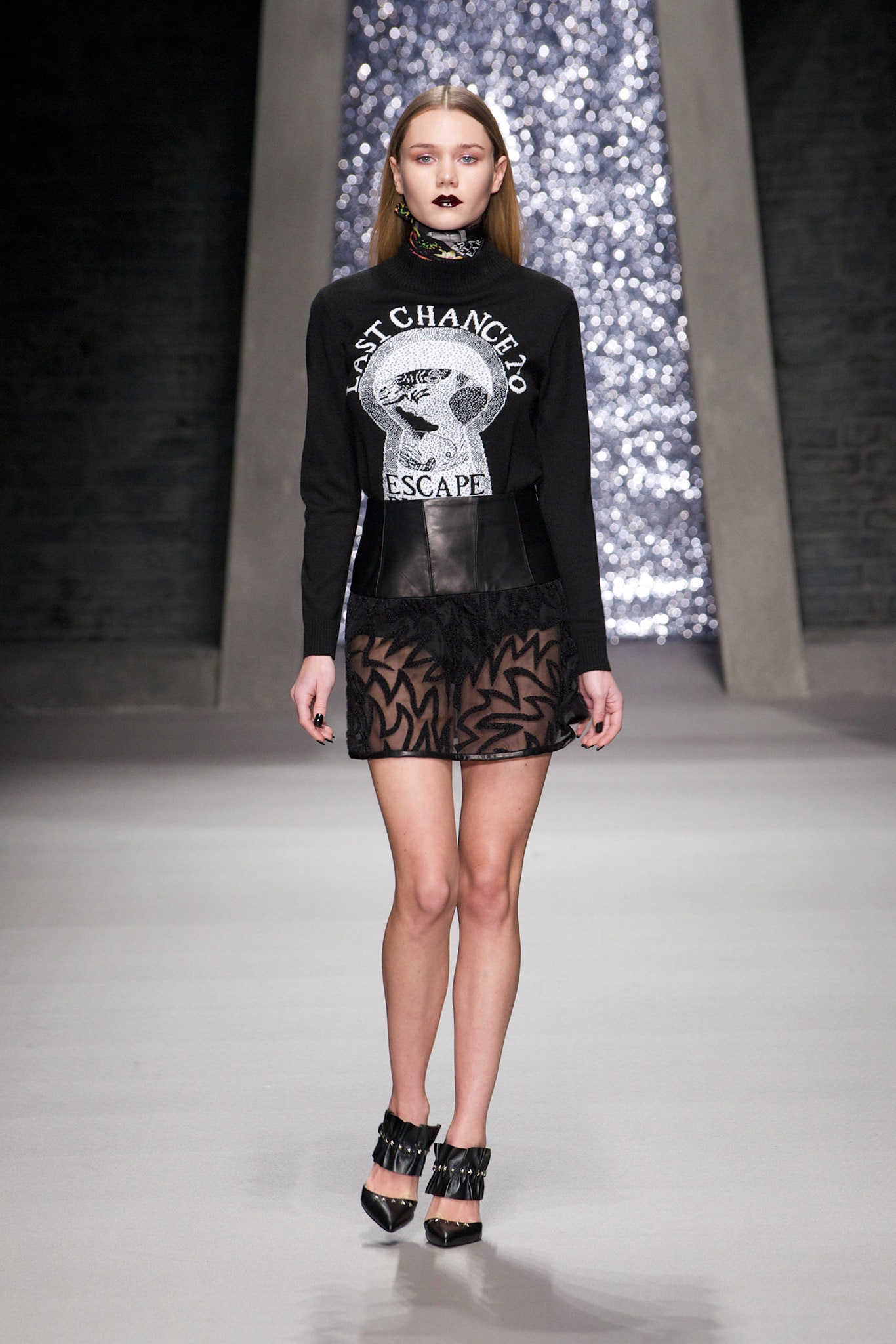 black silk fitted high-waisted embroidered sheer mini skirt