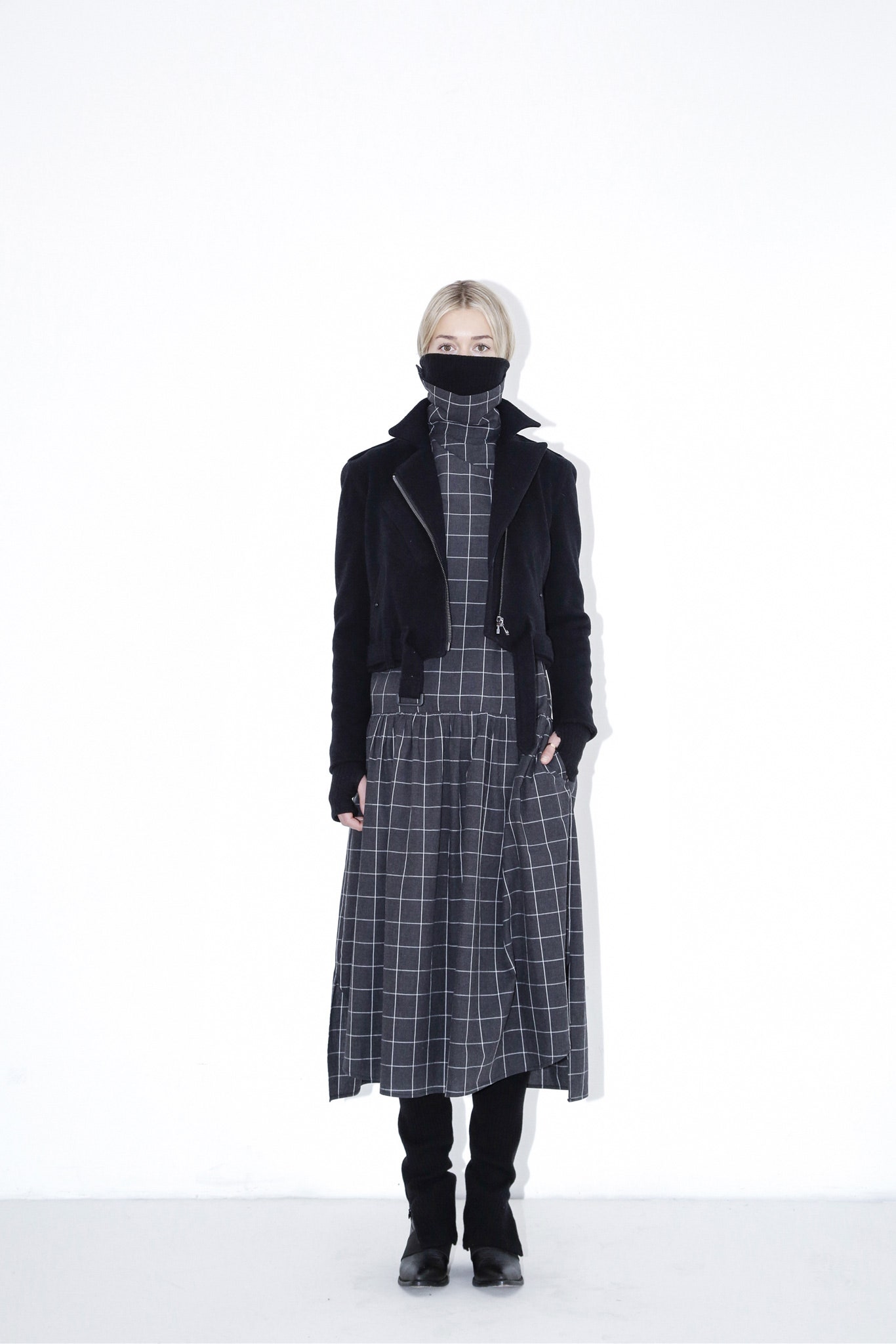 black and white checked midi dress with jacket