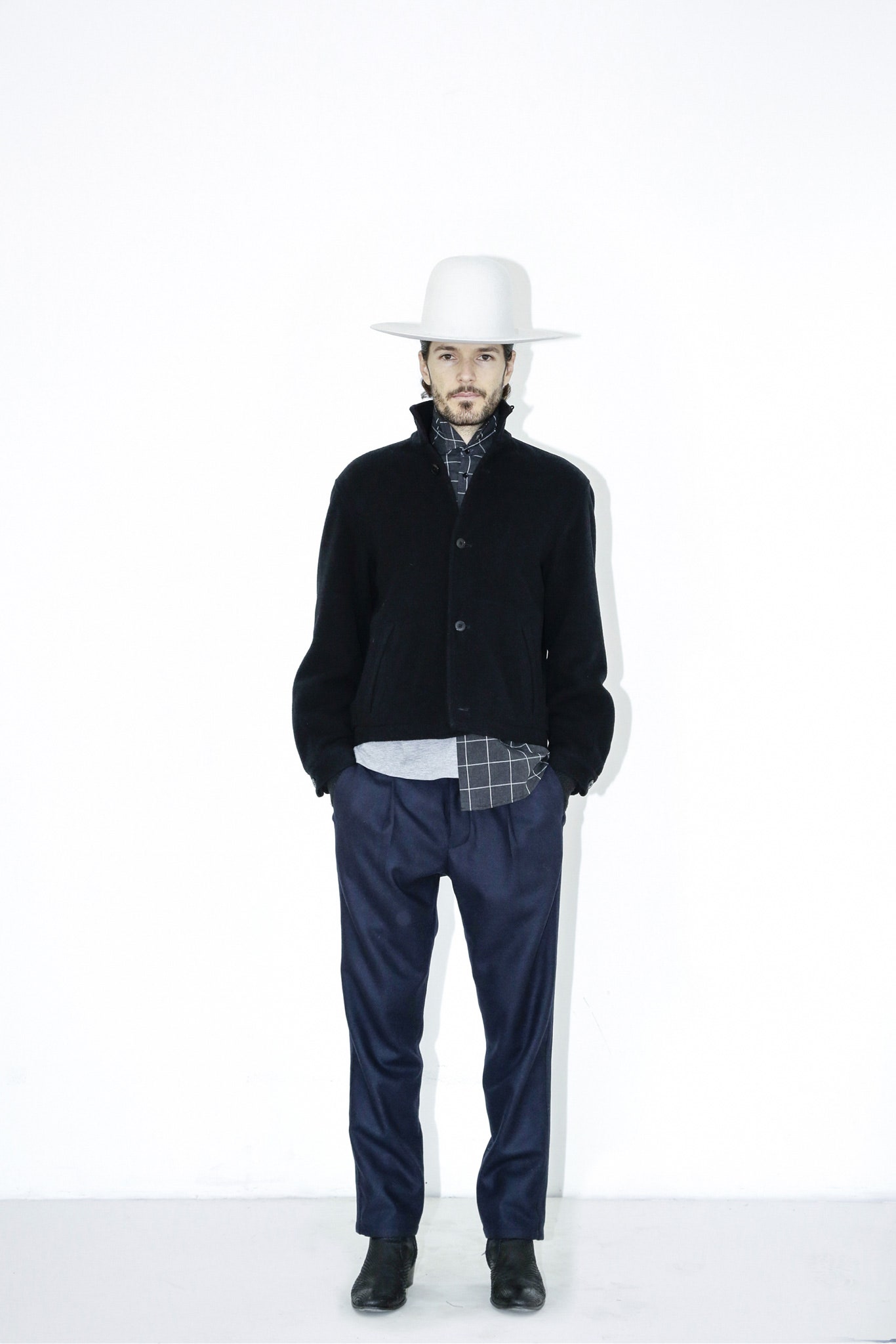 black wool jacket with gray shirt